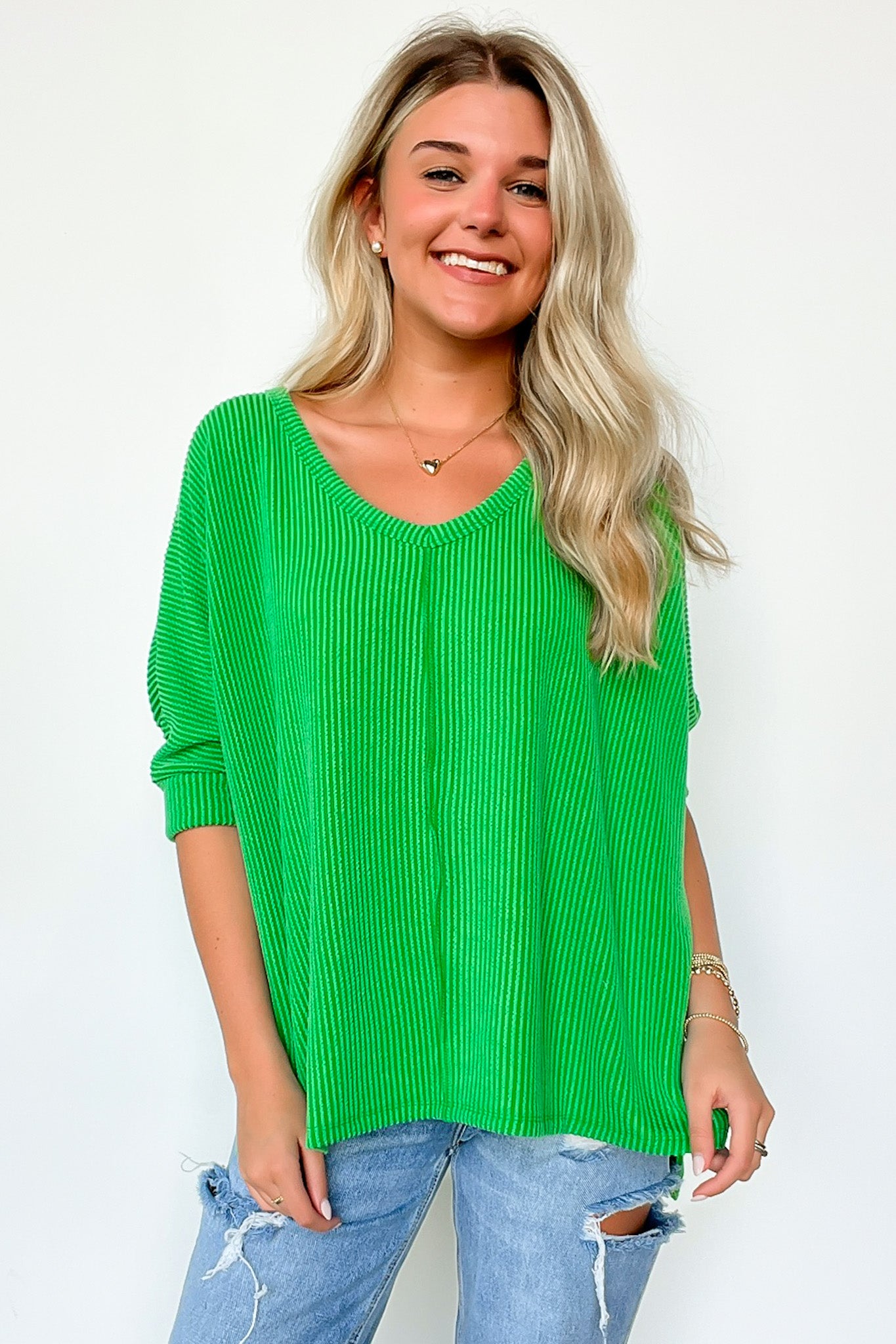 Kelly Green / SM Rhysa Textured Knit V-Neck Top - BACK IN STOCK - Madison and Mallory
