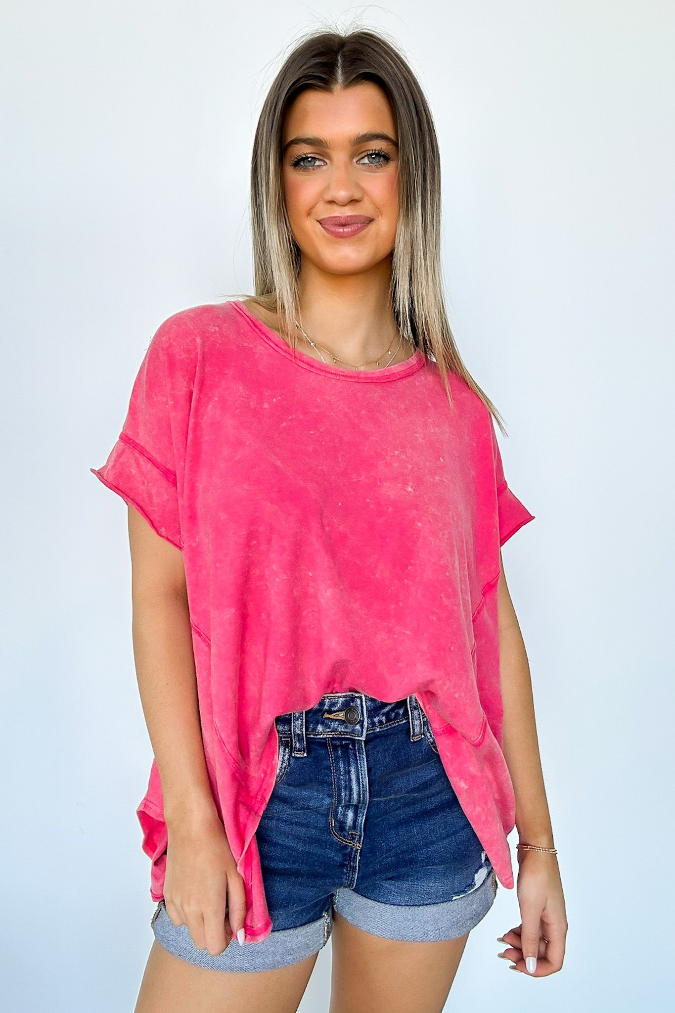 Hot Pink / S Roni Washed Relaxed Short Sleeve Top - Madison and Mallory