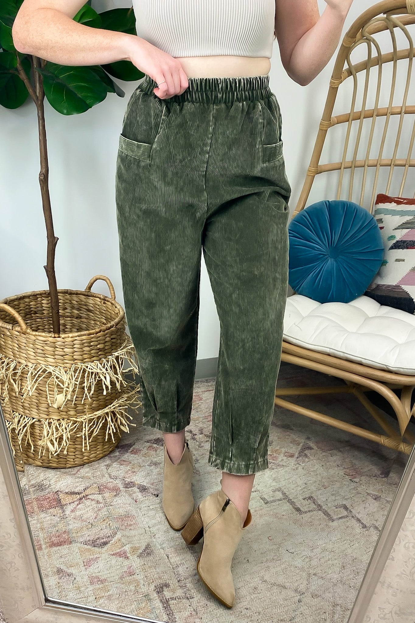 Dark Olive / S Roxi Mineral Washed Corduroy Cropped Pants - FINAL SALE - Madison and Mallory