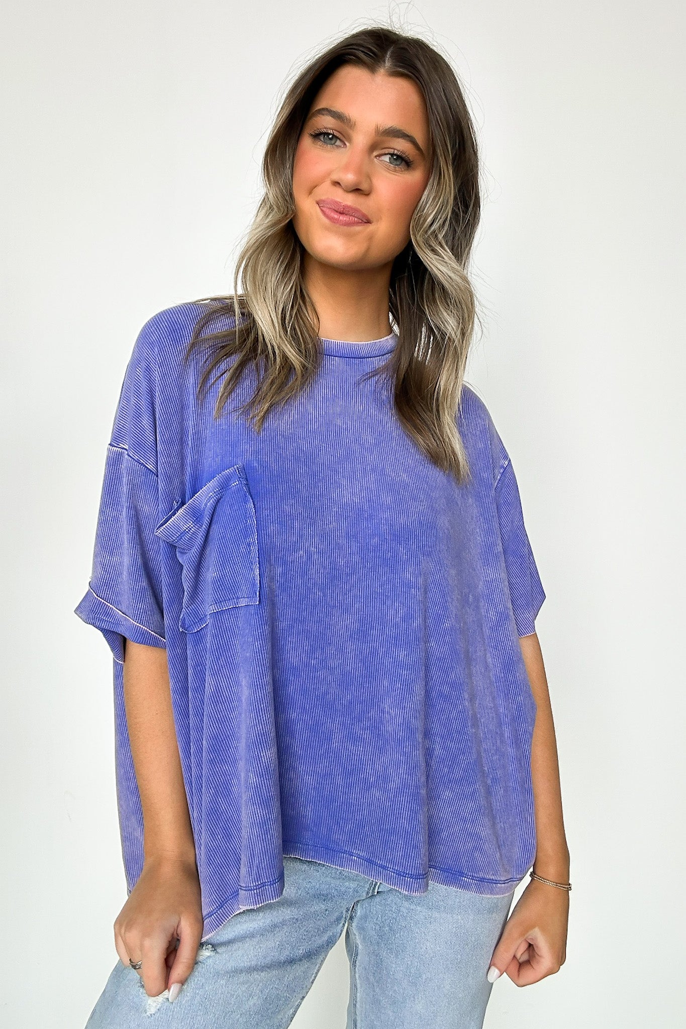 Light Indigo / SM Rylee Mineral Wash Ribbed Relaxed Pocket Top - BACK IN STOCK - Madison and Mallory