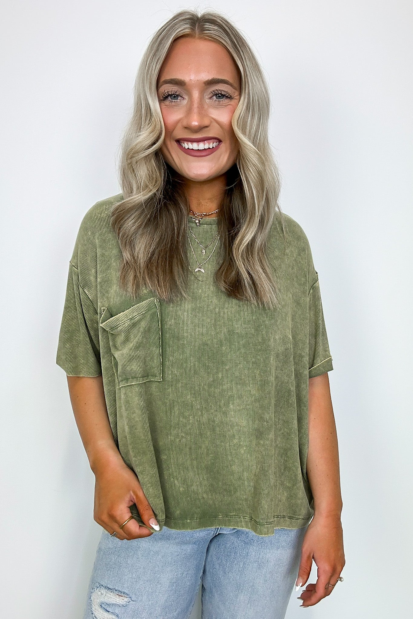Light Olive / SM Rylee Mineral Wash Ribbed Relaxed Pocket Top - BACK IN STOCK - Madison and Mallory