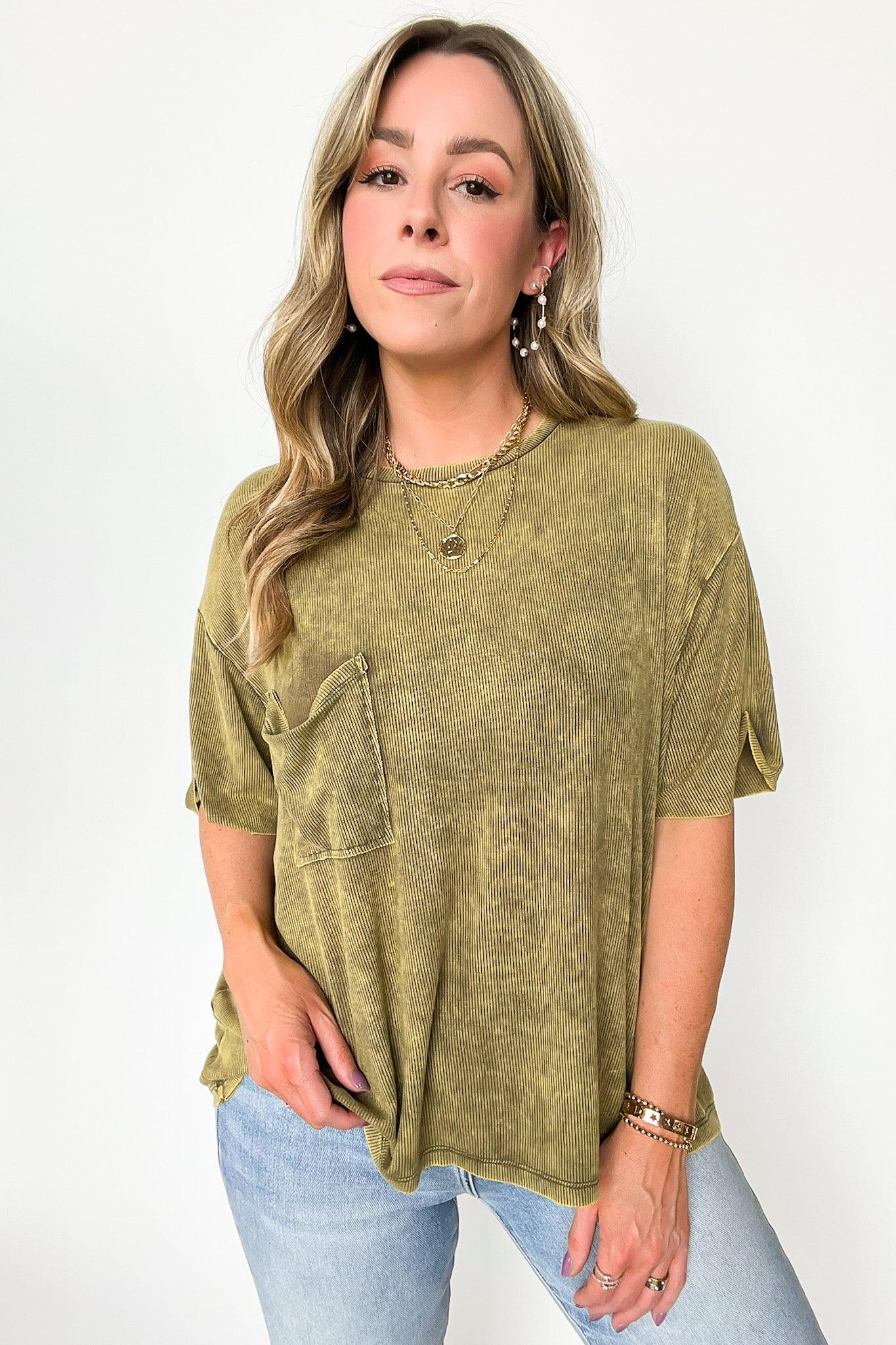 Olive / SM Rylee Mineral Wash Ribbed Relaxed Pocket Top - BACK IN STOCK - Madison and Mallory