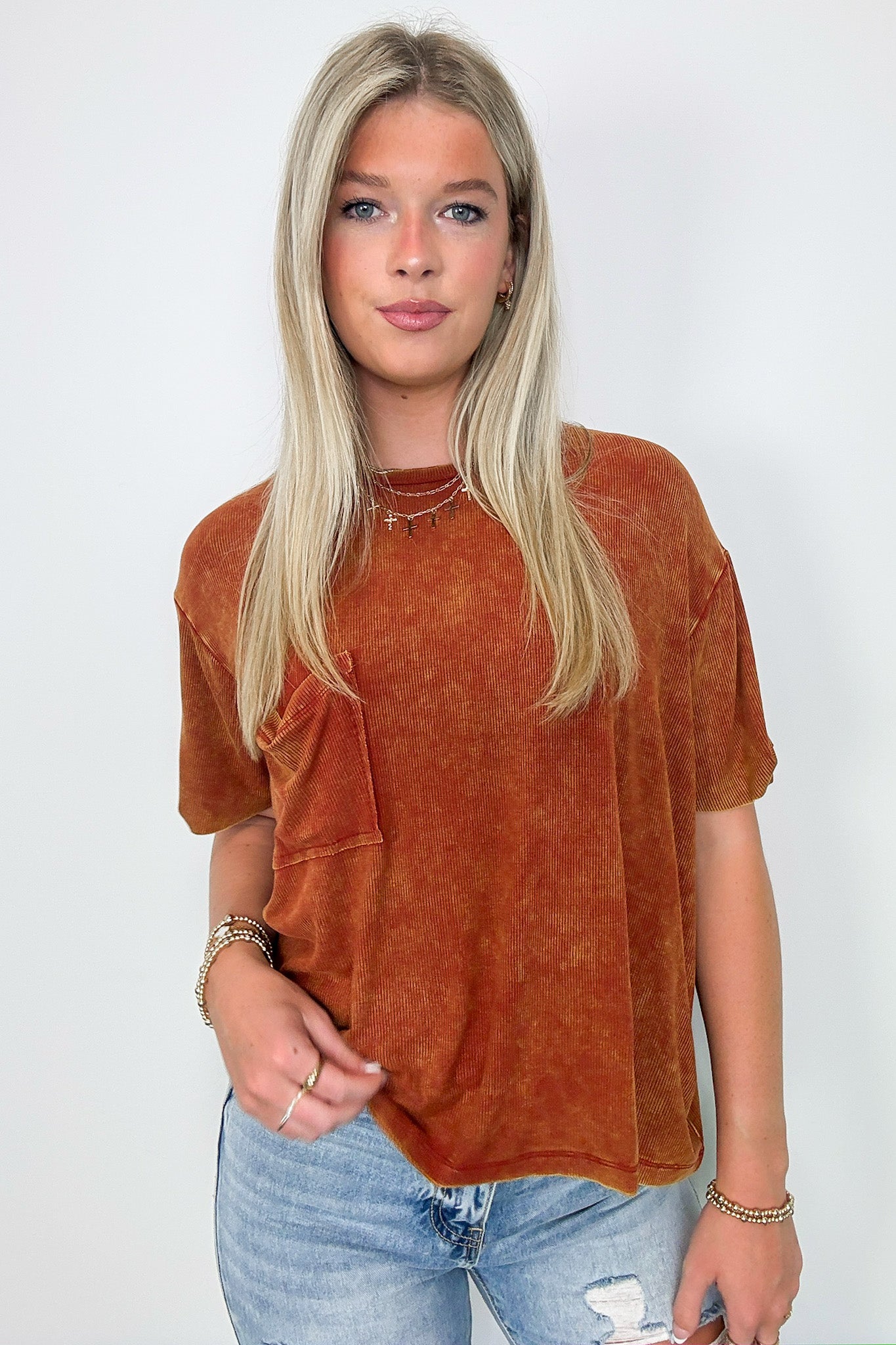 Rust / SM Rylee Mineral Wash Ribbed Relaxed Pocket Top - BACK IN STOCK - Madison and Mallory
