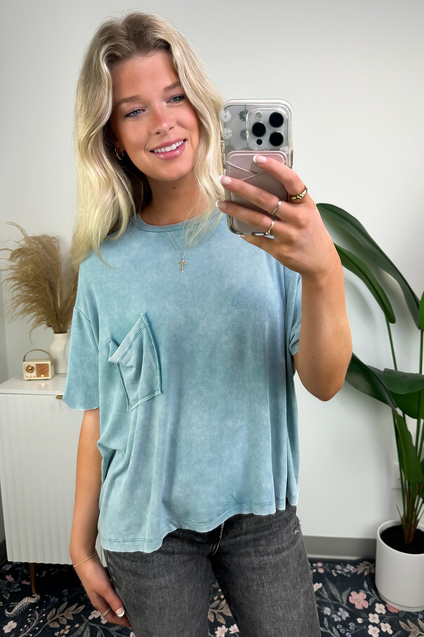 Dusty Teal / SM Rylee Mineral Wash Ribbed Relaxed Pocket Top - BACK IN STOCK - Madison and Mallory