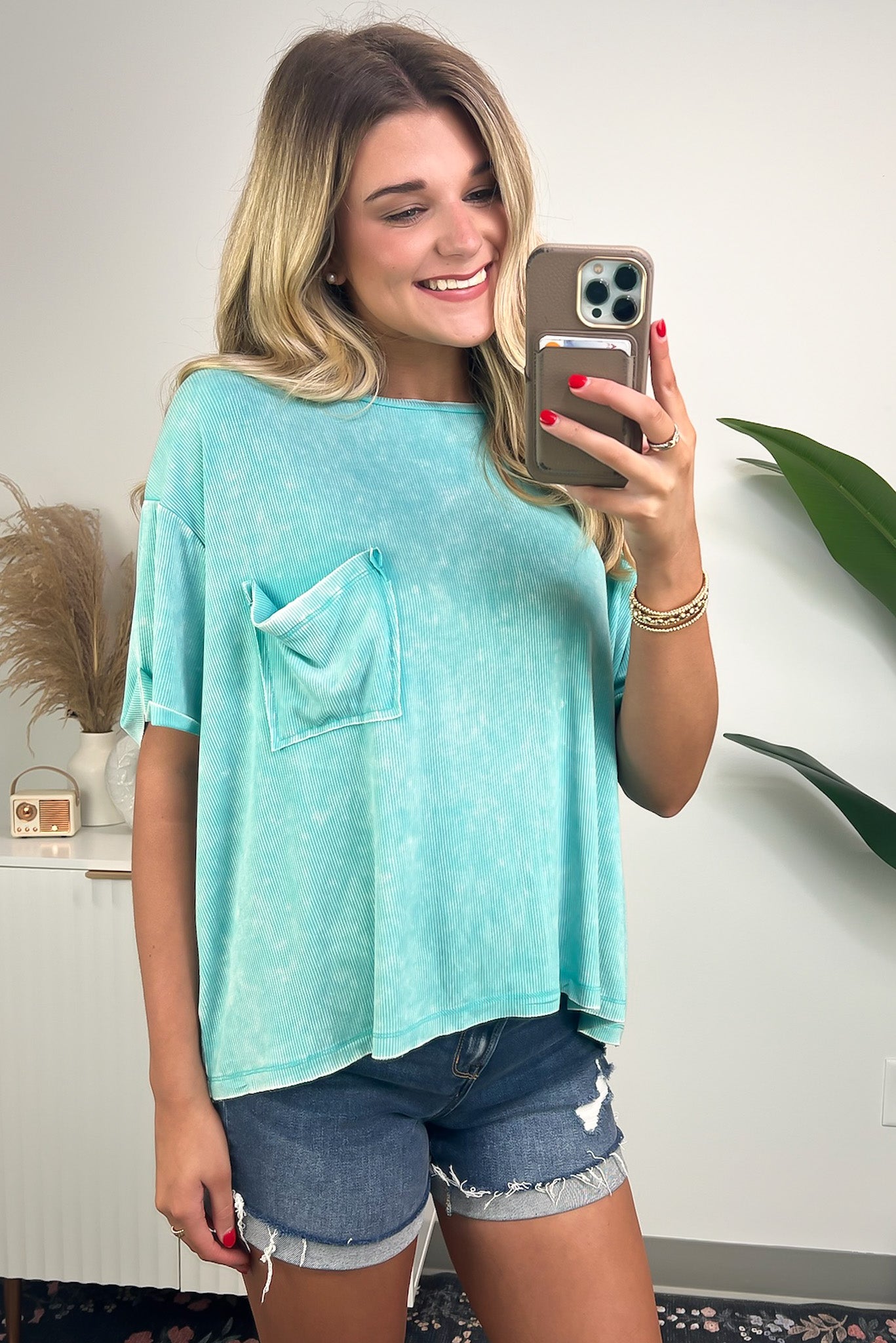Turquoise / SM Rylee Mineral Wash Ribbed Relaxed Pocket Top - BACK IN STOCK - Madison and Mallory