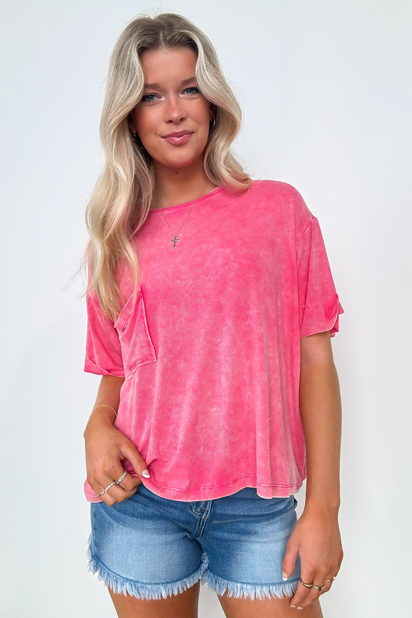 Fuchsia / SM Rylee Mineral Wash Ribbed Relaxed Pocket Top - BACK IN STOCK - Madison and Mallory