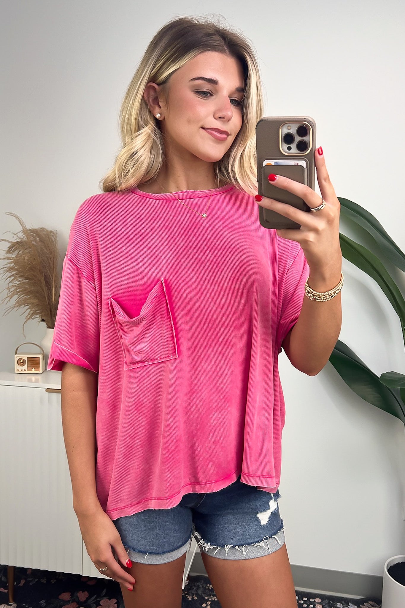 Hot Pink / SM Rylee Mineral Wash Ribbed Relaxed Pocket Top - BACK IN STOCK - Madison and Mallory