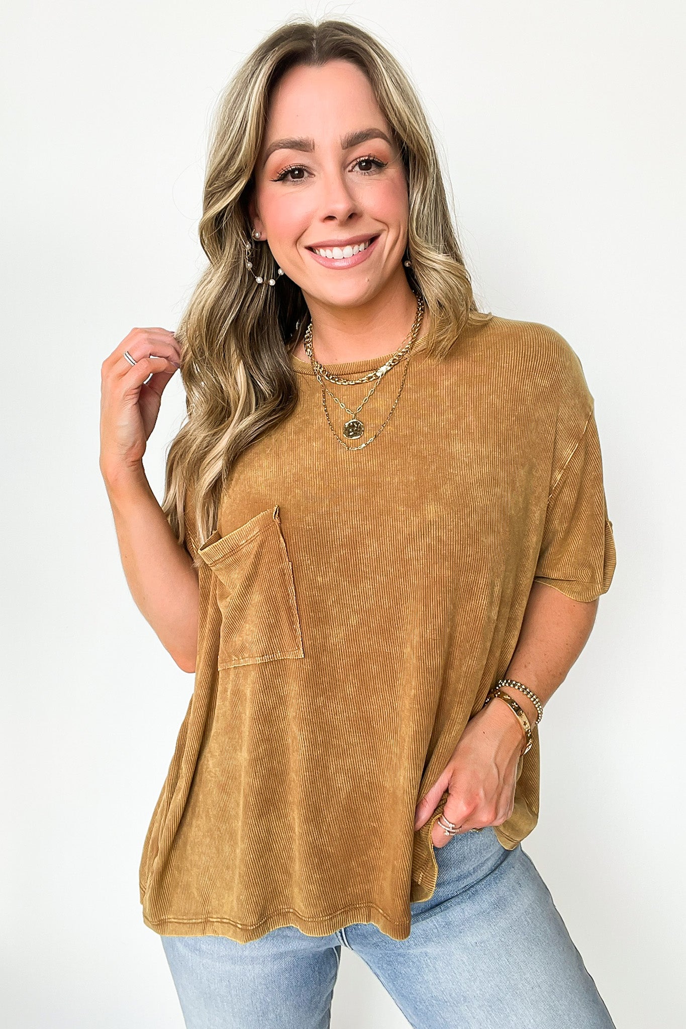 Camel / SM Rylee Mineral Wash Ribbed Relaxed Pocket Top - BACK IN STOCK - Madison and Mallory