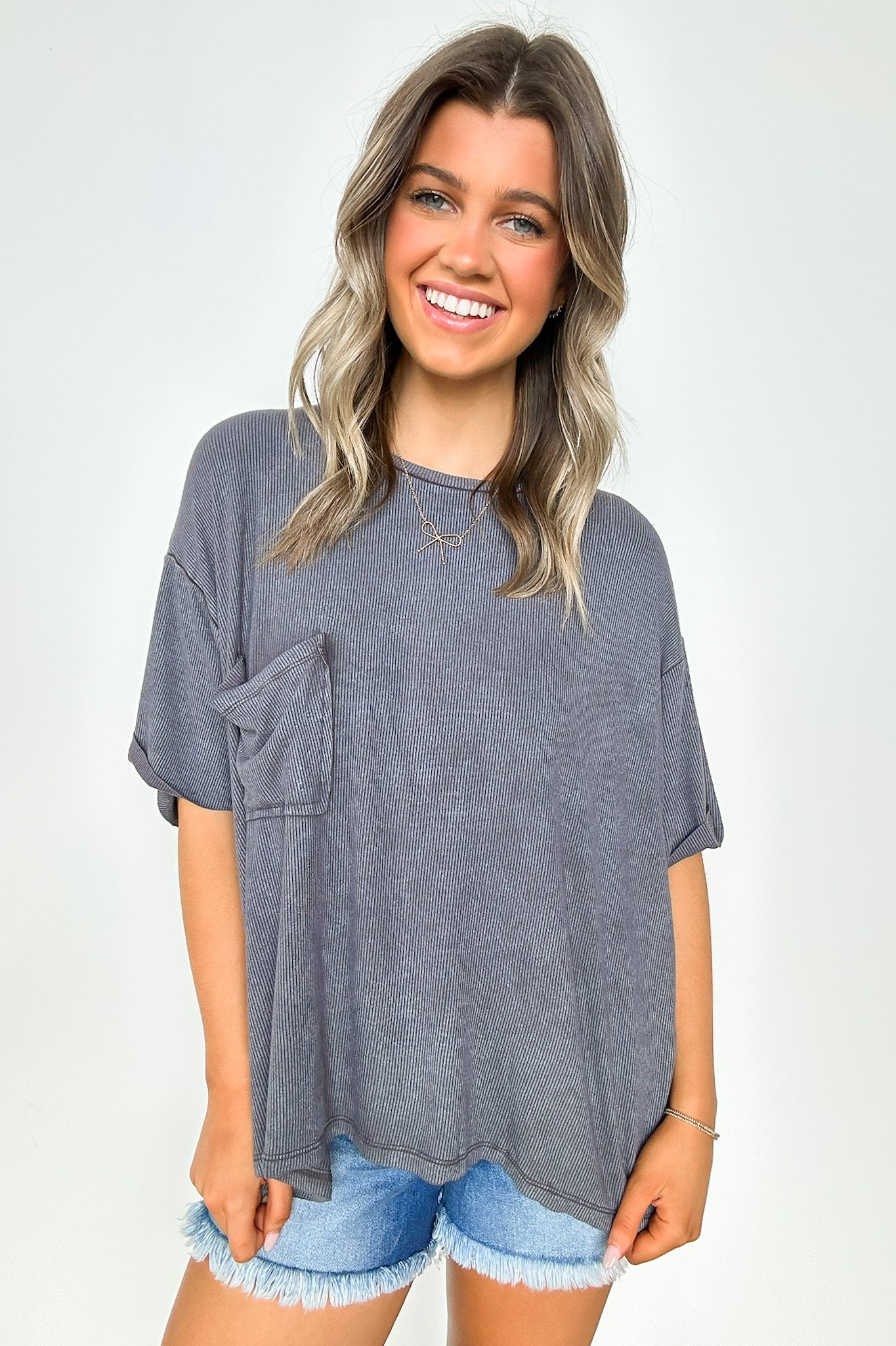 Ash Gray / SM Rylee Mineral Wash Ribbed Relaxed Pocket Top - BACK IN STOCK - Madison and Mallory