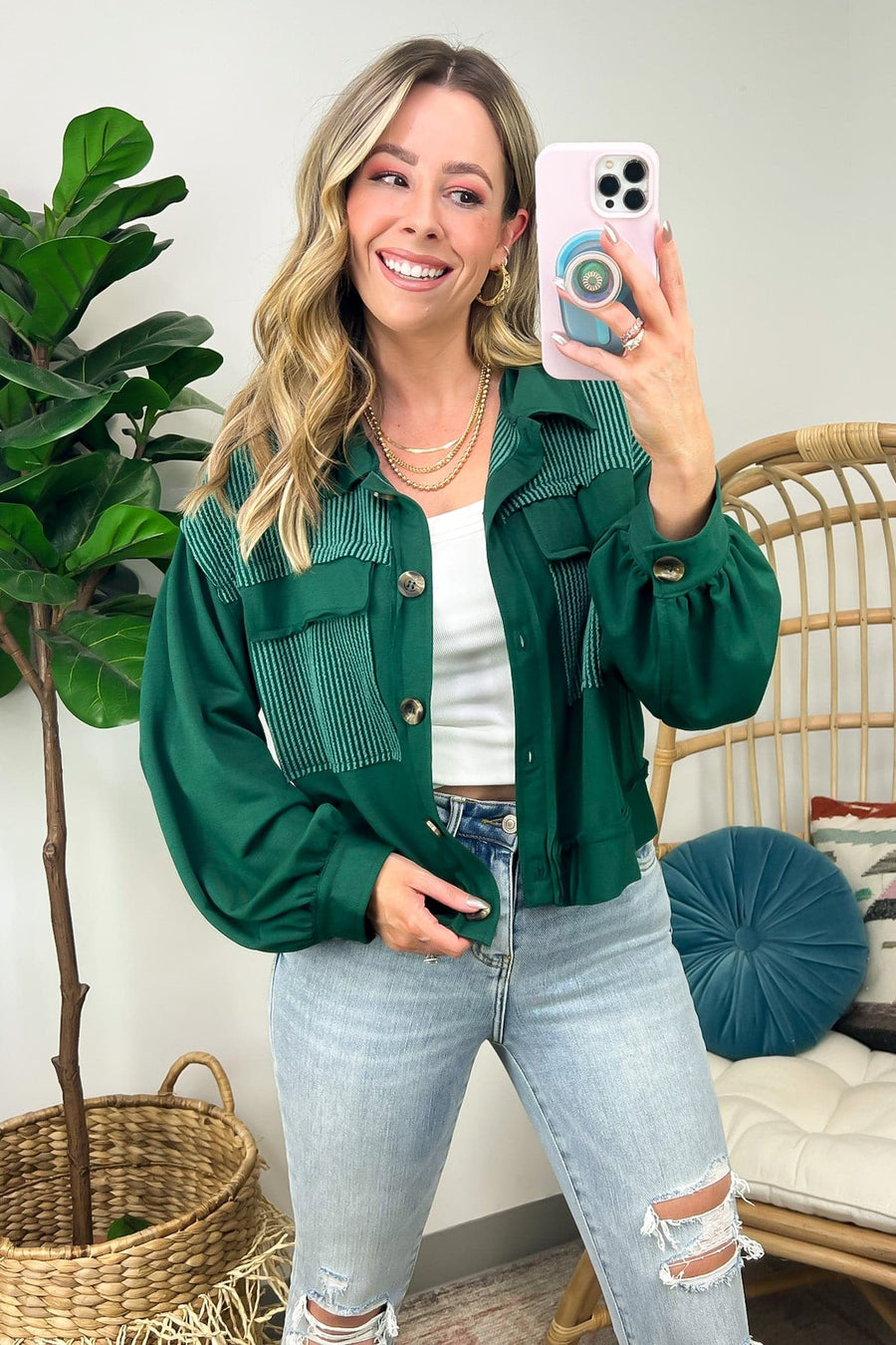 Hunter Green / S Saleigh Oversized Crop Rib Shacket - BACK IN STOCK - Madison and Mallory