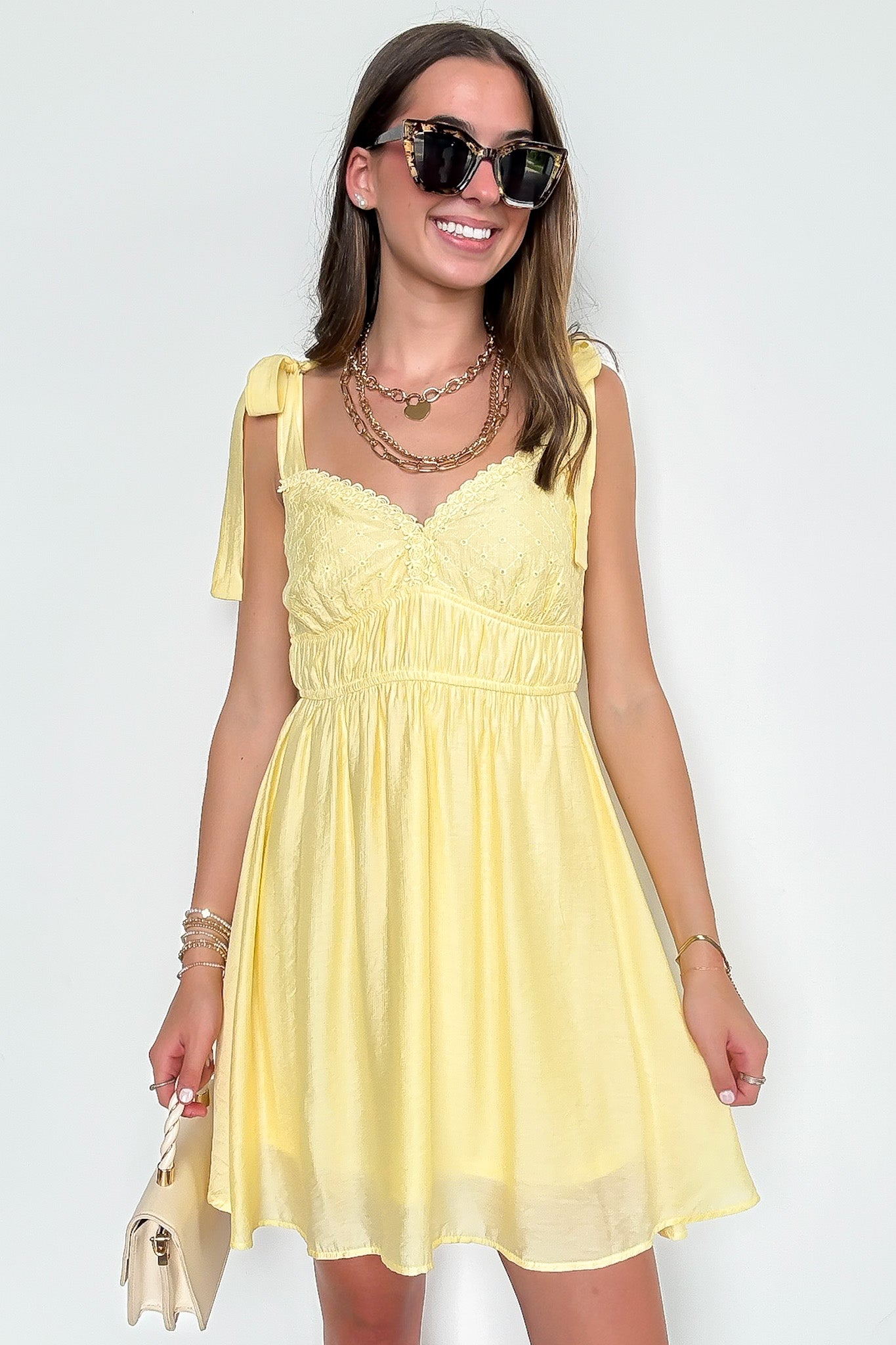 Serenity Stitch Eyelet Detail Lace Trim Tie Strap Dress