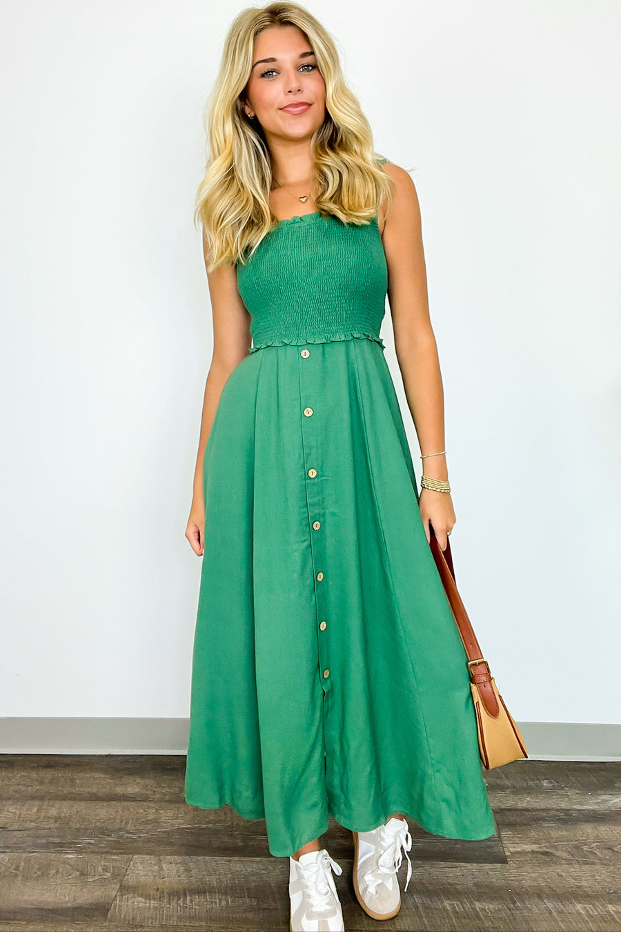 Hunter Green / S Simply Blissful Smocked Button Down Midi Dress - Madison and Mallory