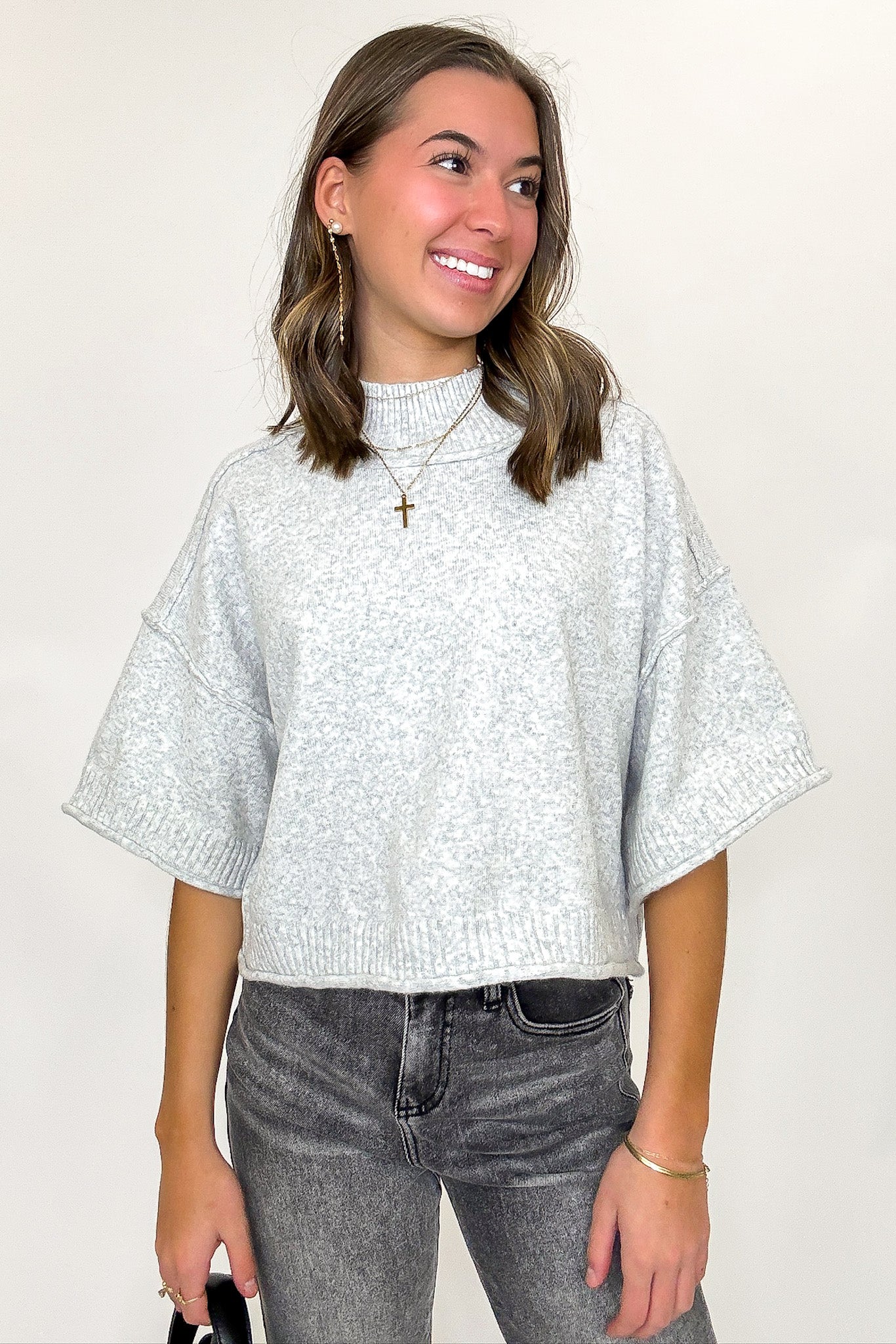 Soft Shift Marled Knit Mock Neck Short Sleeve Sweater