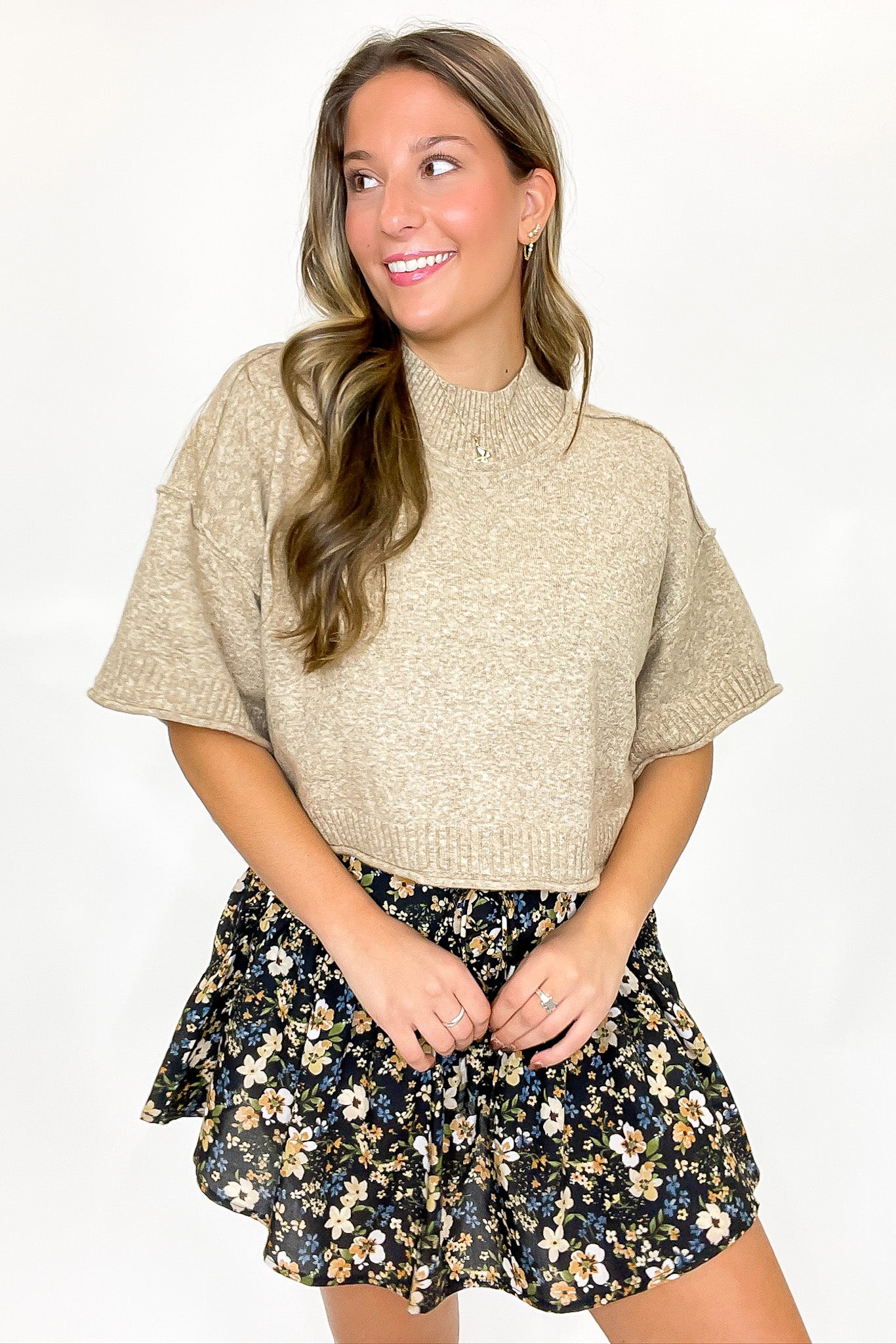 Soft Shift Marled Knit Mock Neck Short Sleeve Sweater