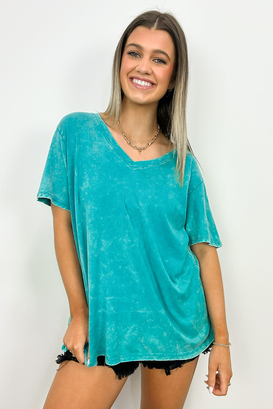 Light Teal / S Soliel Acid Wash V-Neck Relaxed Fit Top - BACK IN STOCK - Madison and Mallory