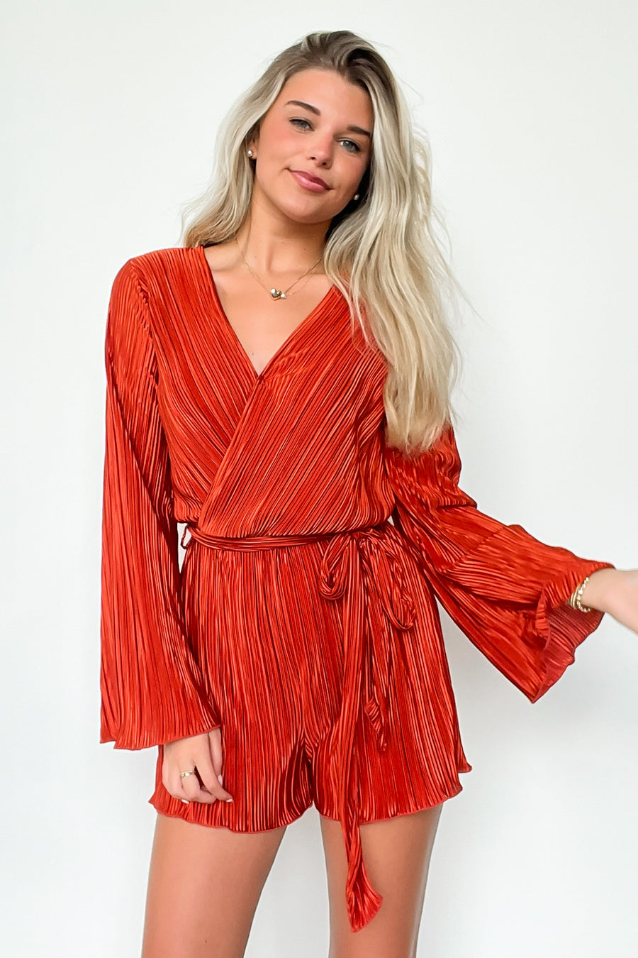 S / Rust Sultry Beauty Pleated Satin Romper - Madison and Mallory