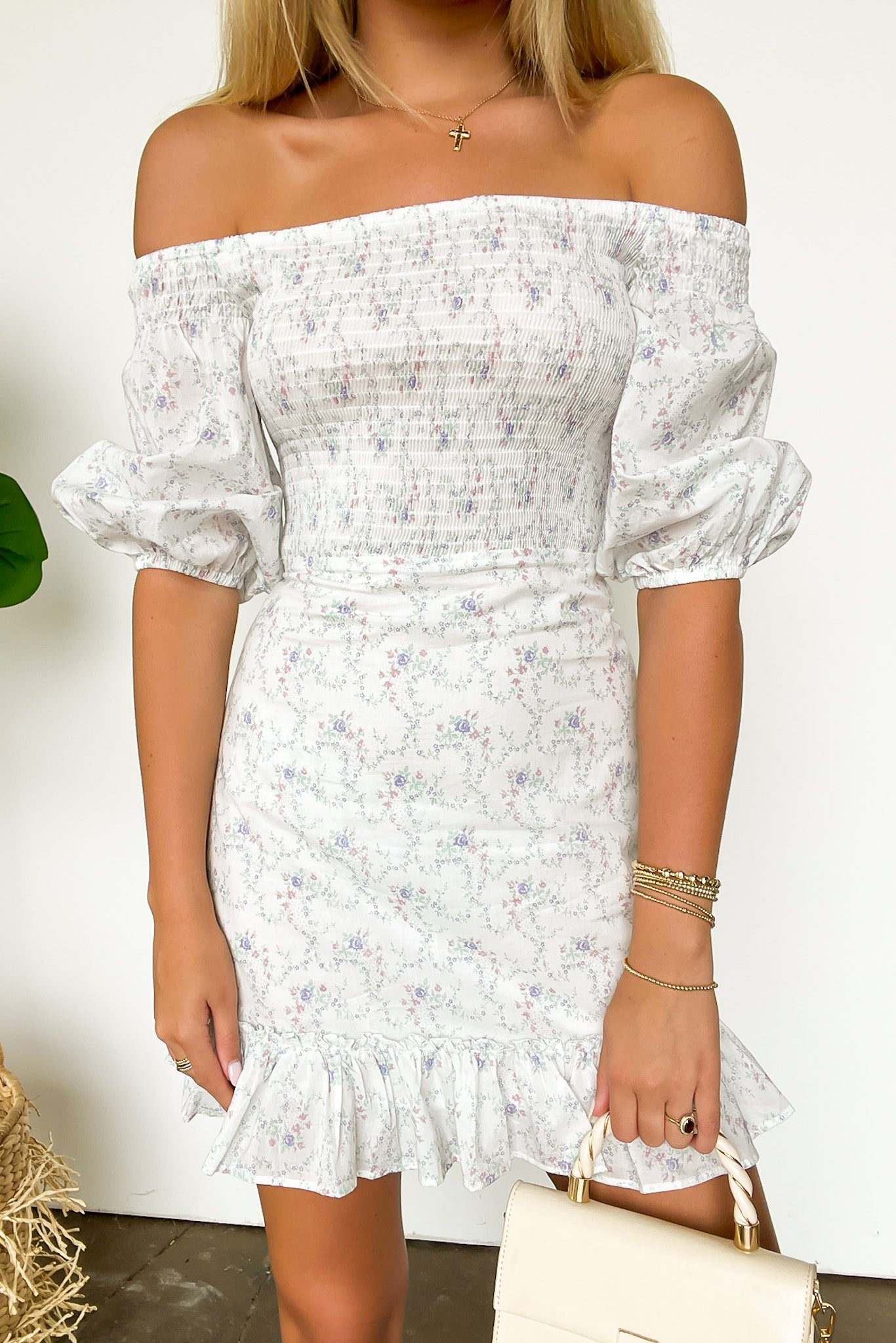  Sweetest Grace Off Shoulder Smocked Floral Dress - Madison and Mallory