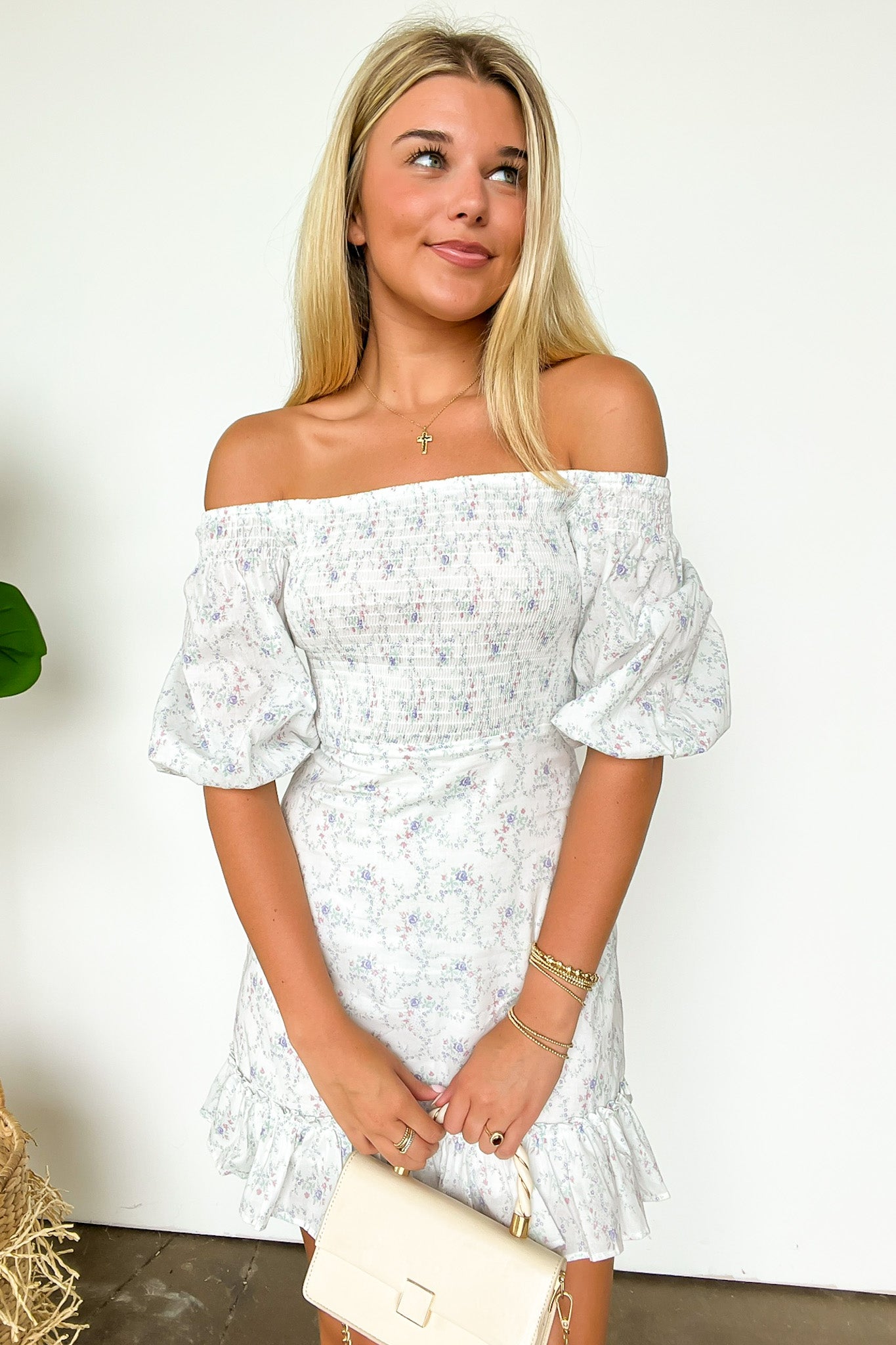 S / White Ultra Violet Sweetest Grace Off Shoulder Smocked Floral Dress - Madison and Mallory