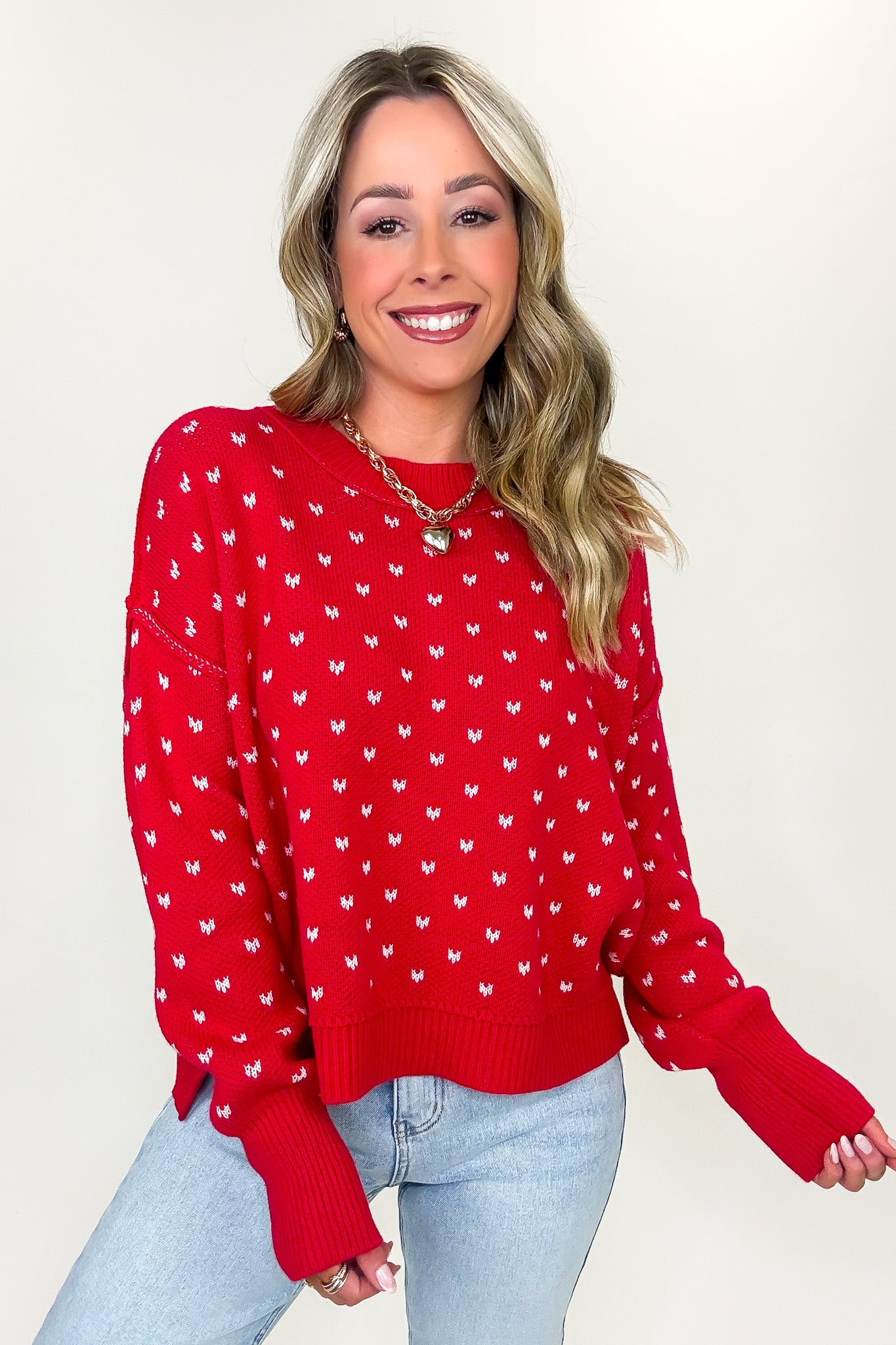 Sweetheart Stitch Heart Print Boxy Knit Sweater