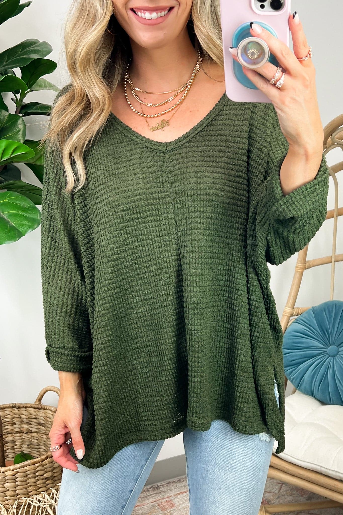 Dark Olive / SM Tetrah V-Neck Waffle Knit Top - BACK IN STOCK - Madison and Mallory