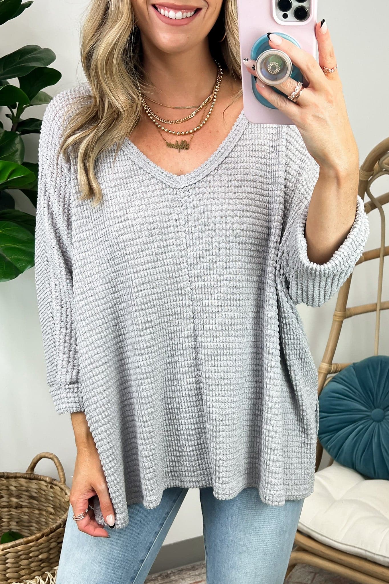 Heather Gray / SM Tetrah V-Neck Waffle Knit Top - BACK IN STOCK - Madison and Mallory
