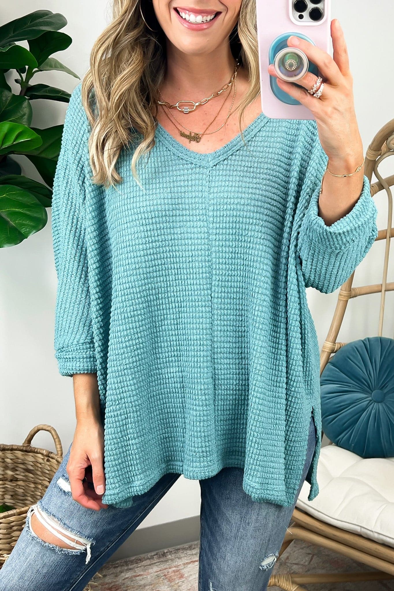Dusty Teal / SM Tetrah V-Neck Waffle Knit Top - BACK IN STOCK - Madison and Mallory