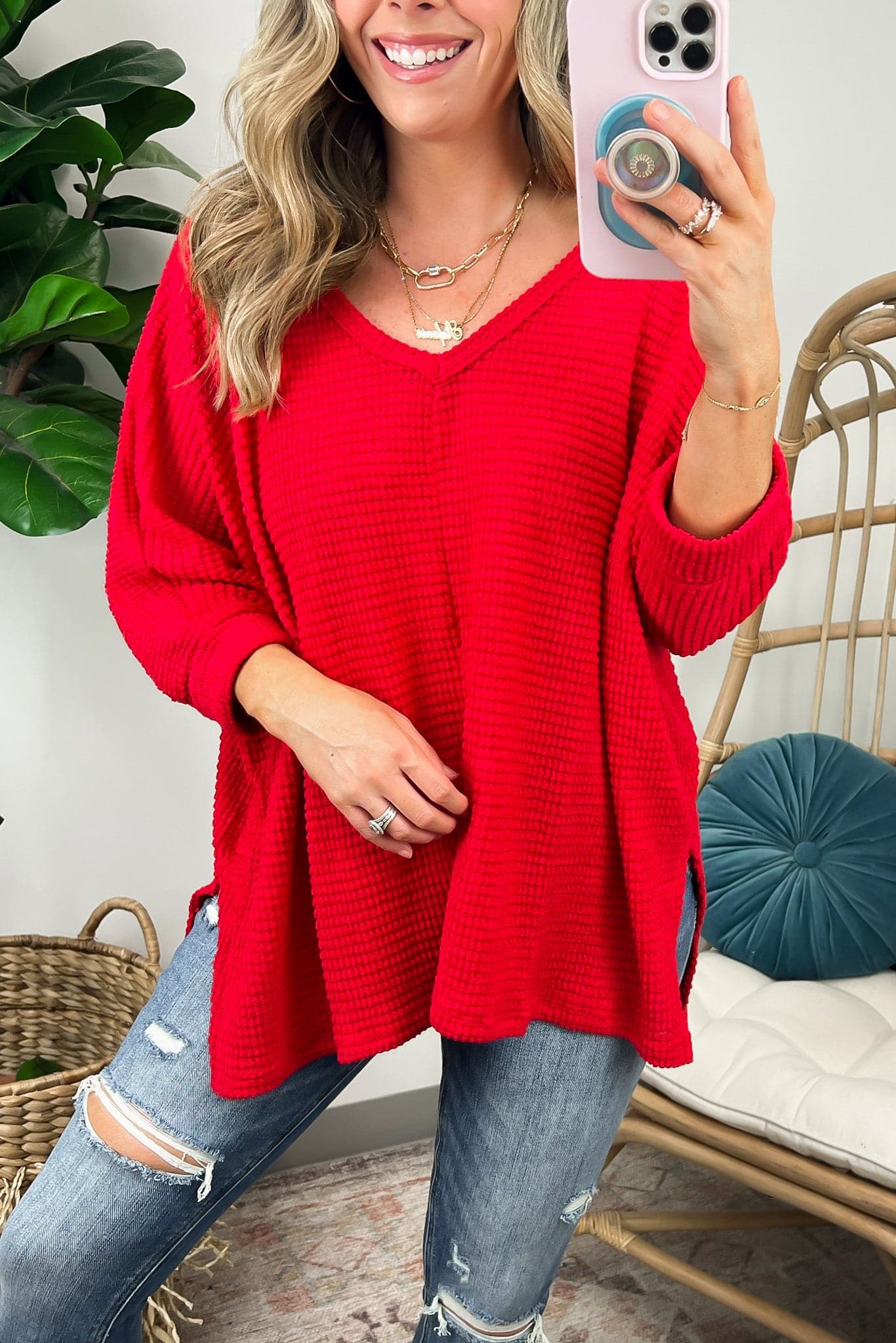 Ruby / SM Tetrah V-Neck Waffle Knit Top - BACK IN STOCK - Madison and Mallory