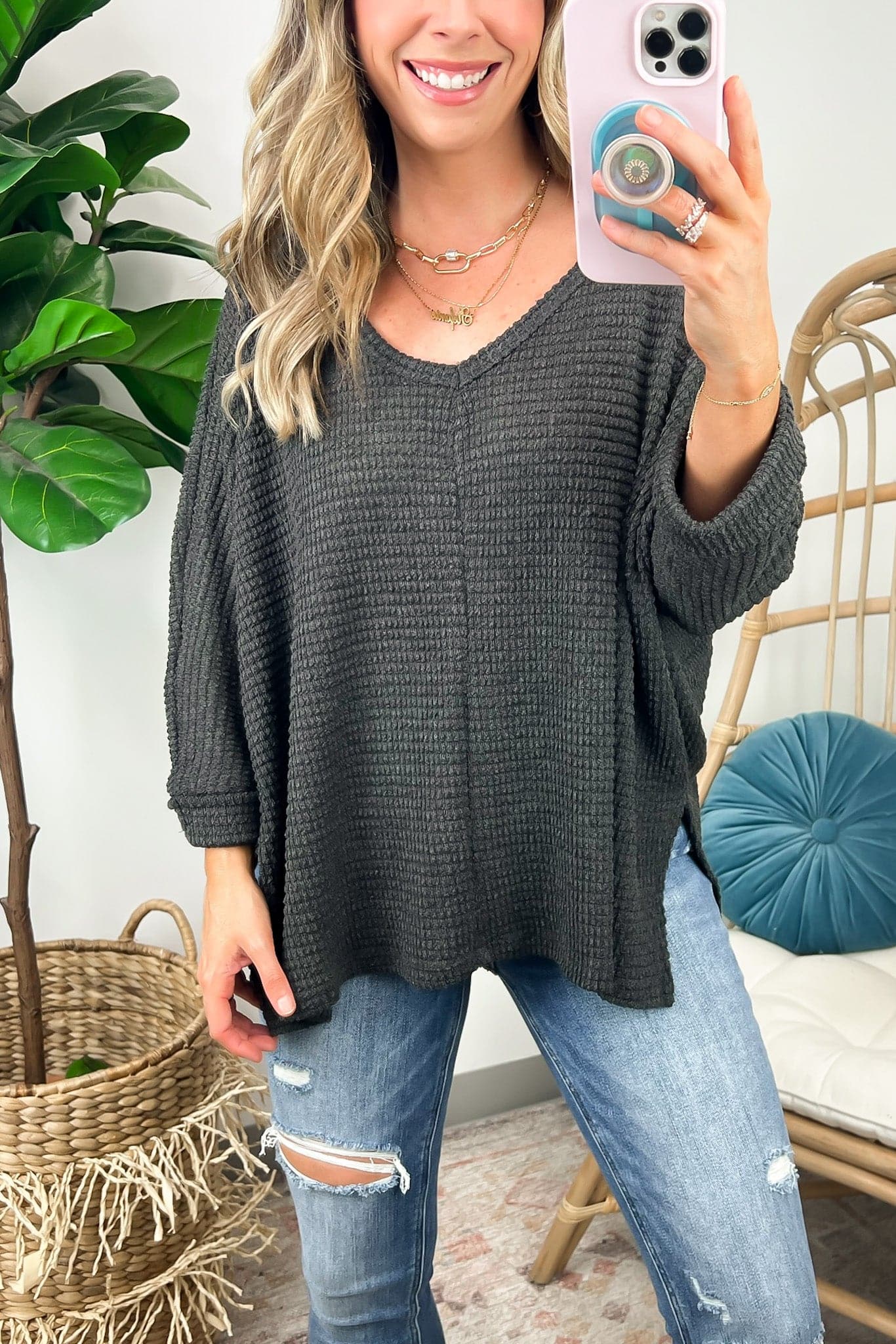 Charcoal / SM Tetrah V-Neck Waffle Knit Top - BACK IN STOCK - Madison and Mallory