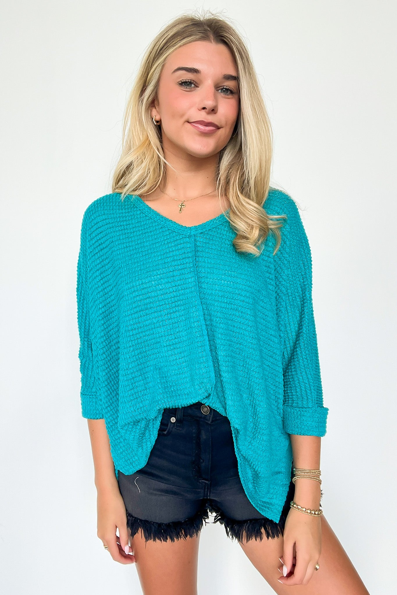 Light Teal / SM Tetrah V-Neck Waffle Knit Top - BACK IN STOCK - Madison and Mallory