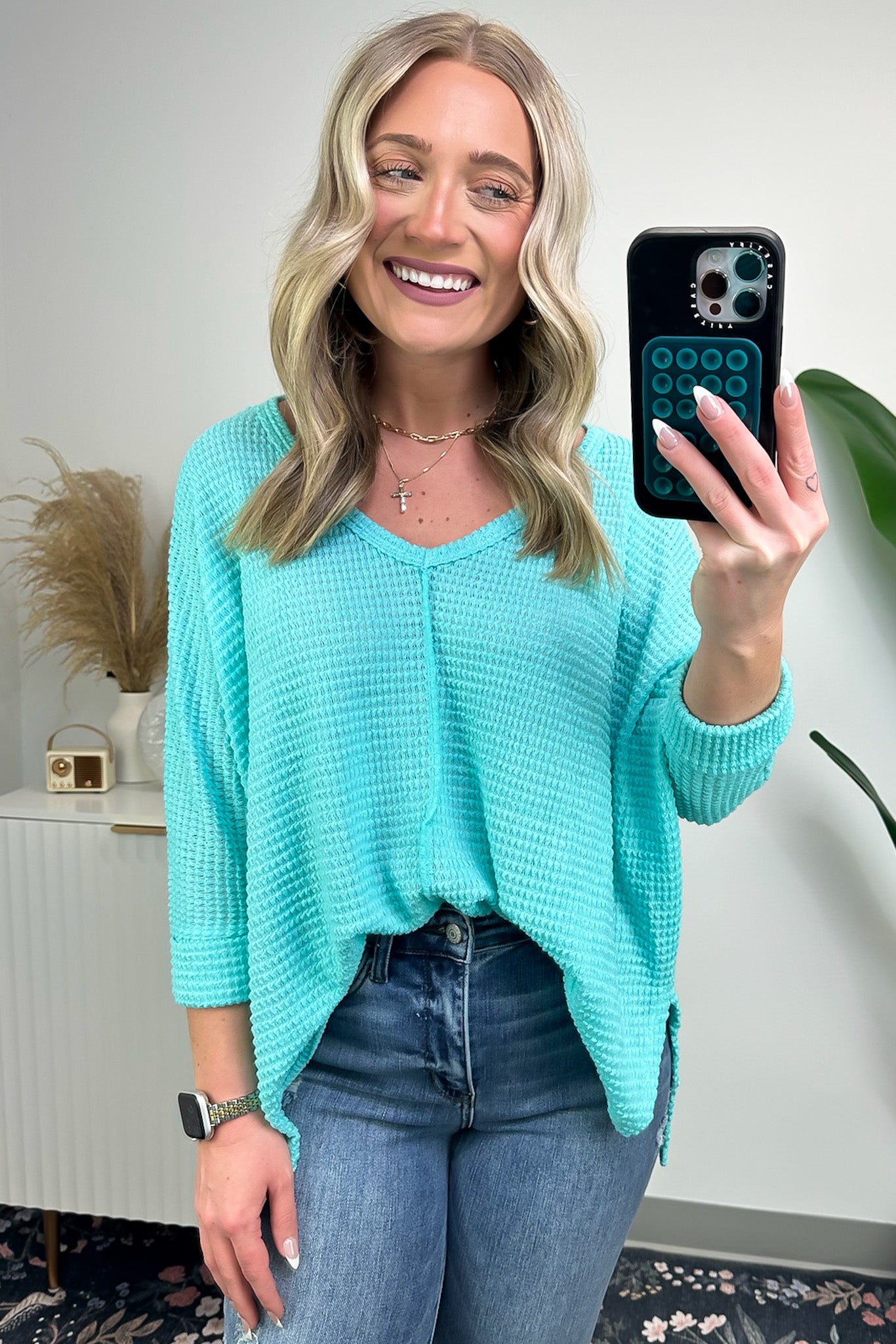 Mint Sky / SM Tetrah V-Neck Waffle Knit Top - BACK IN STOCK - Madison and Mallory