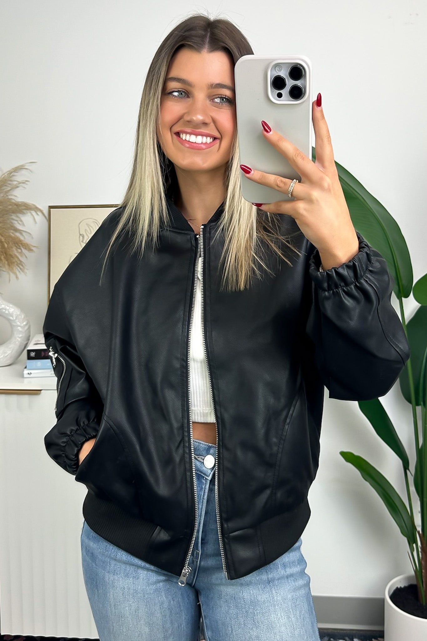  Thrill Seeker Zip Up Faux Leather Bomber Jacket - FINAL SALE - Madison and Mallory