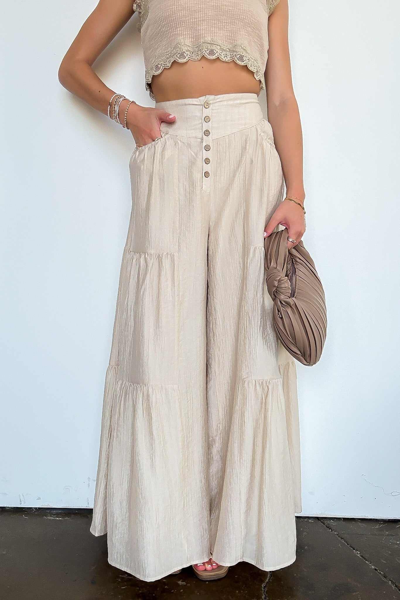 S / Beige Tiered Tide Flowy Wide Leg Pants - Madison and Mallory