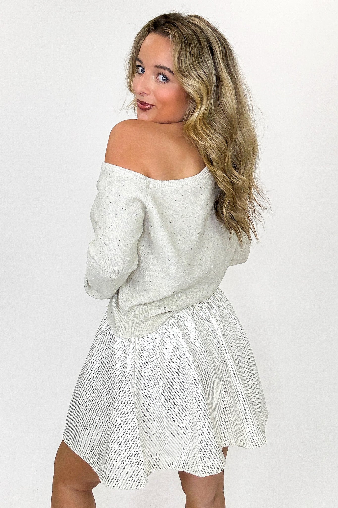 Twilight Spark One Shoulder Sequin Metallic Knit Sweater