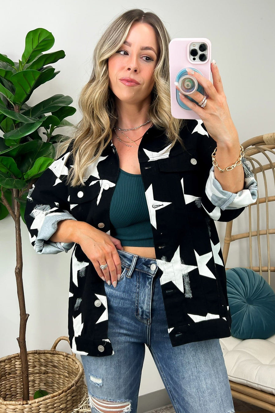 Black/Ivory / S Twinkle Twinkle Star Print Distressed Denim Jacket - FINAL SALE - Madison and Mallory