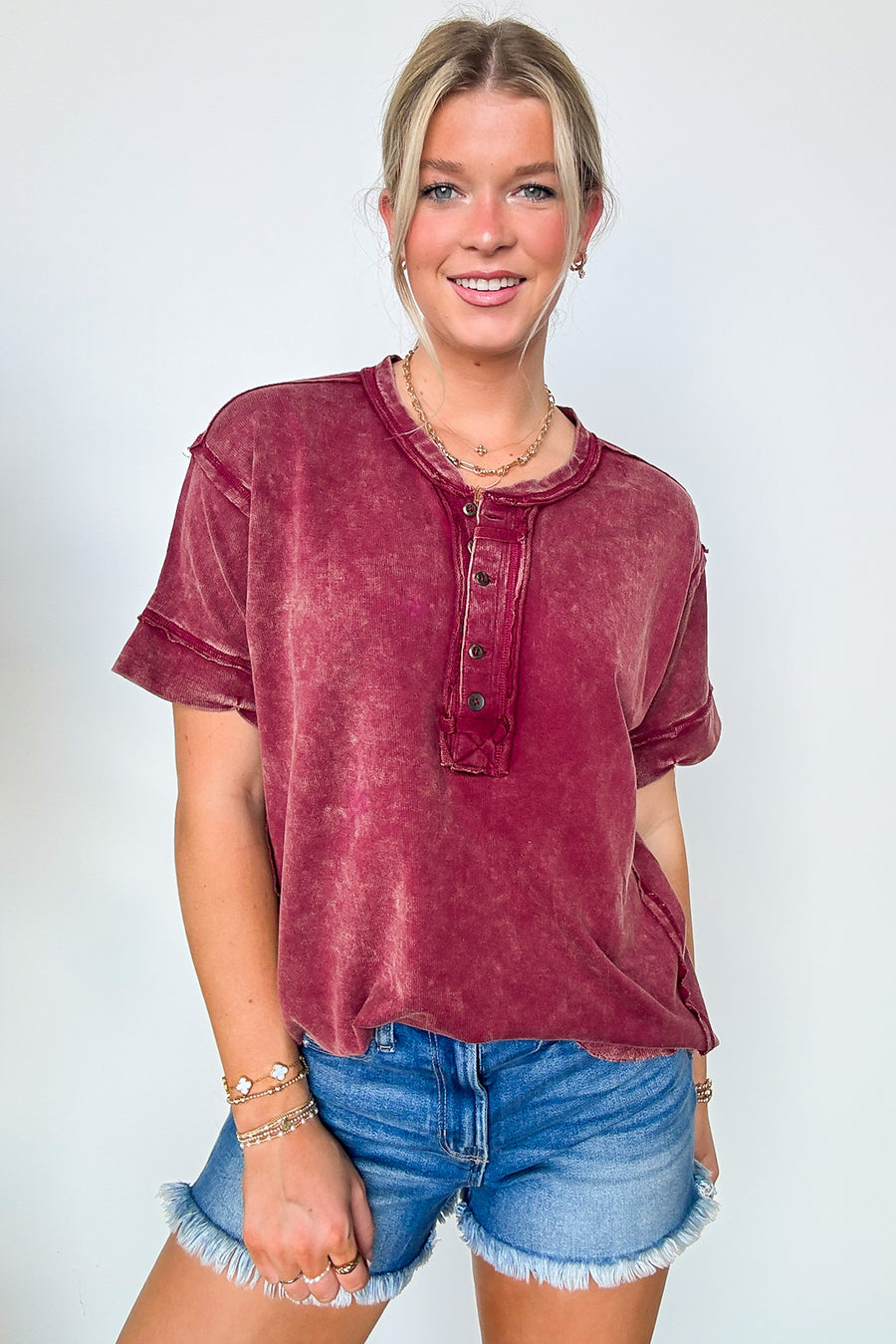 Cabernet / S Verity Raw Edge Henley Button Top - BACK IN STOCK - Madison and Mallory