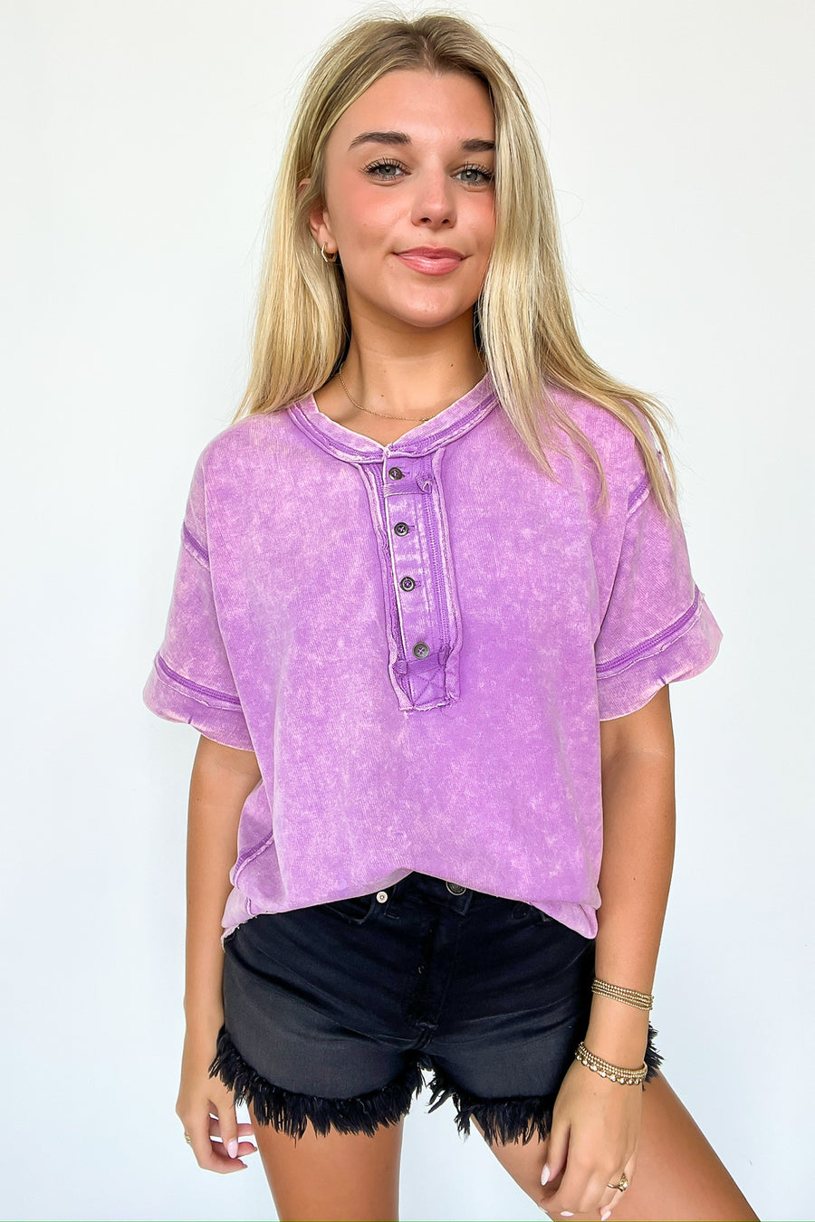 Bright Violet / S Verity Raw Edge Henley Button Top - BACK IN STOCK - Madison and Mallory