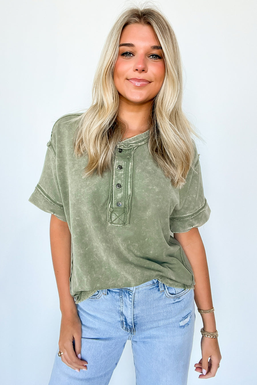 Verity Raw Edge Henley Button Top - Madison and Mallory