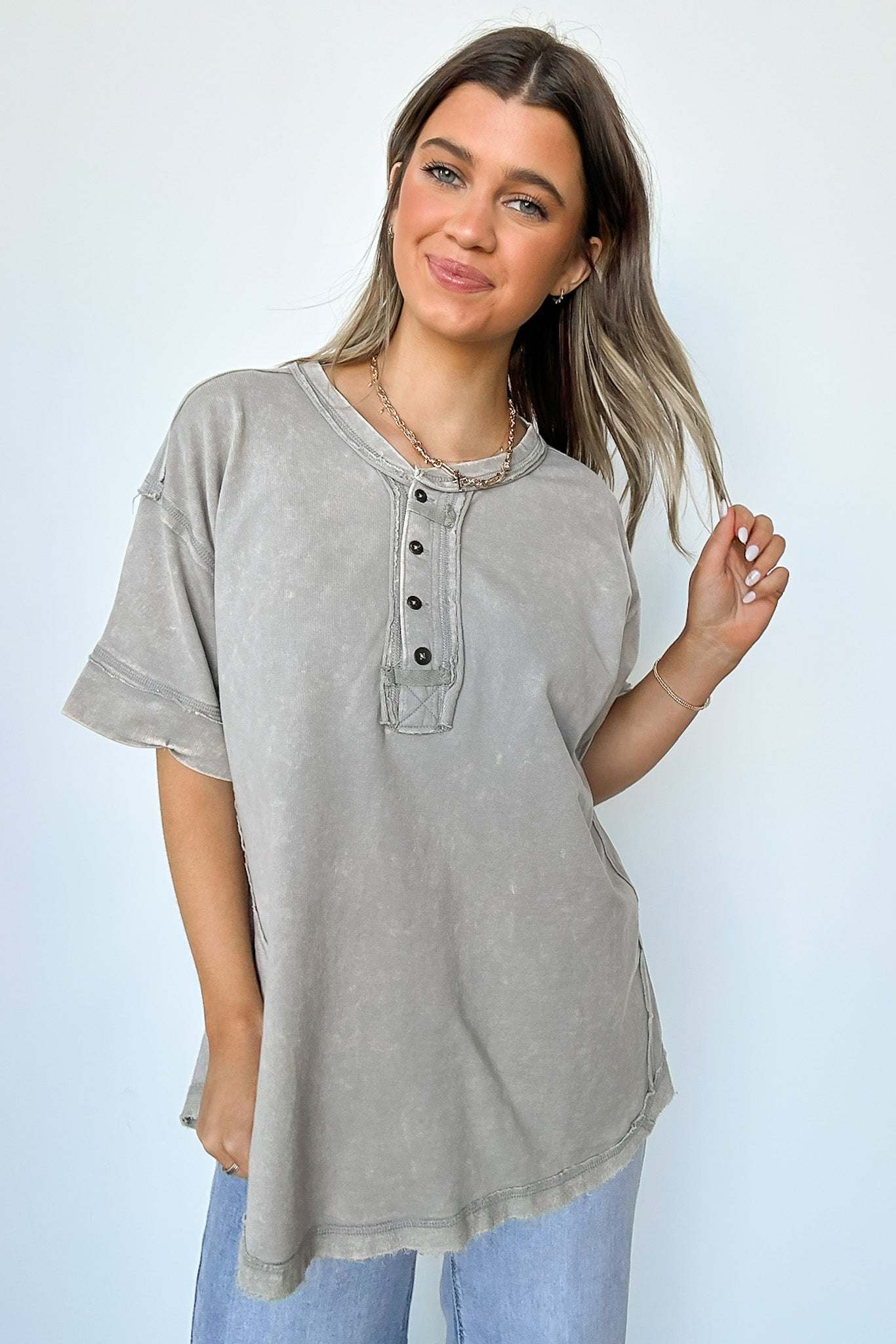 Sleet / S Verity Raw Edge Henley Button Top - BACK IN STOCK - Madison and Mallory