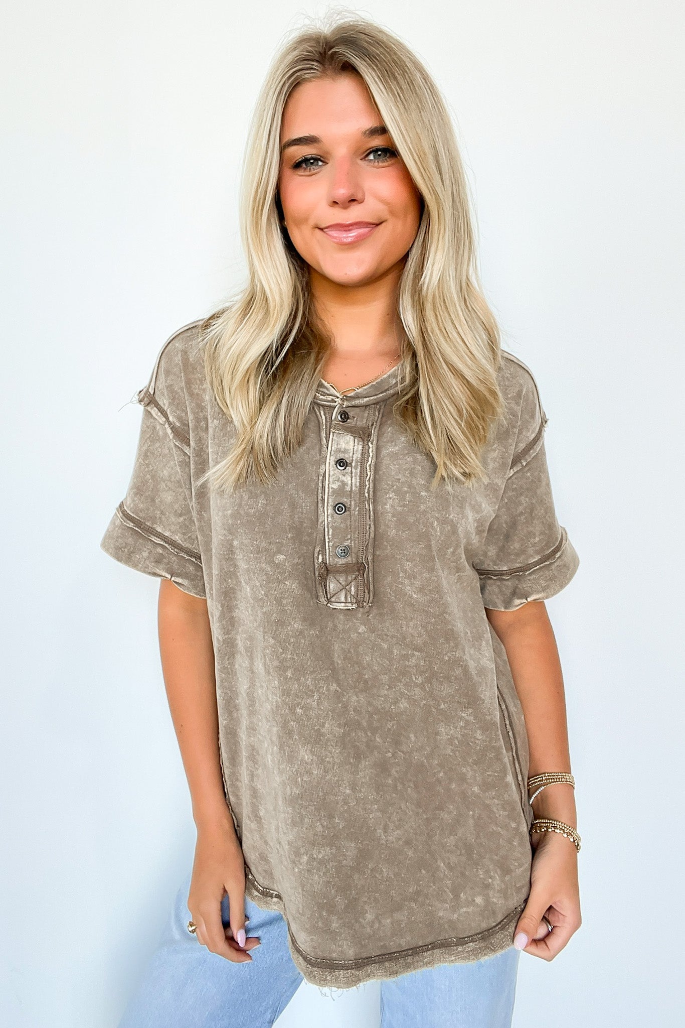  Verity Raw Edge Henley Button Top - BACK IN STOCK - Madison and Mallory