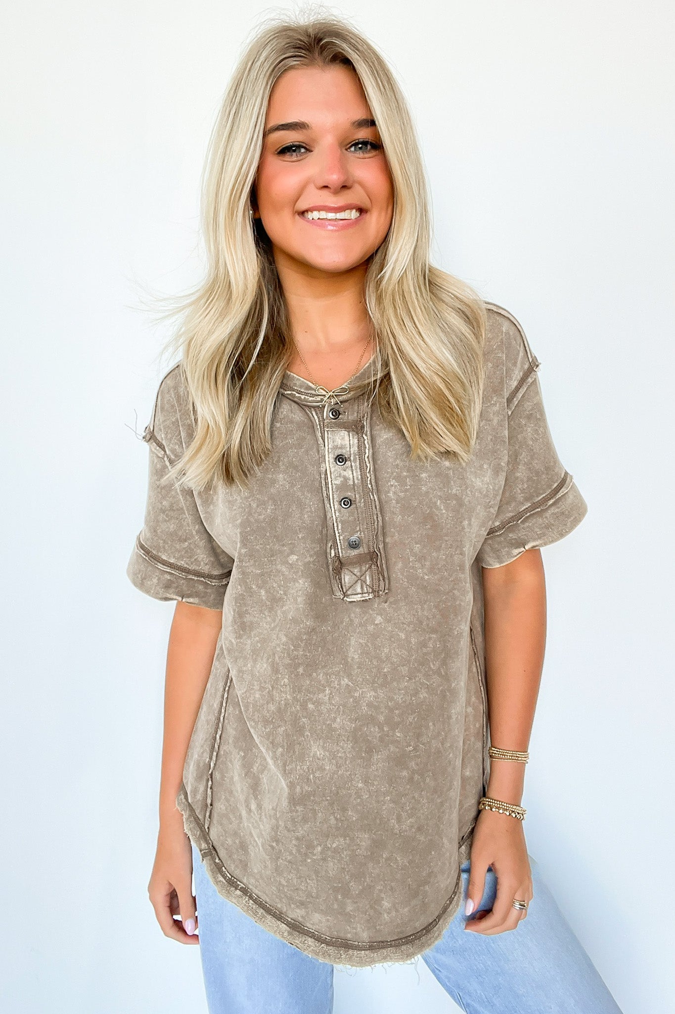 Mocha / S Verity Raw Edge Henley Button Top - BACK IN STOCK - Madison and Mallory