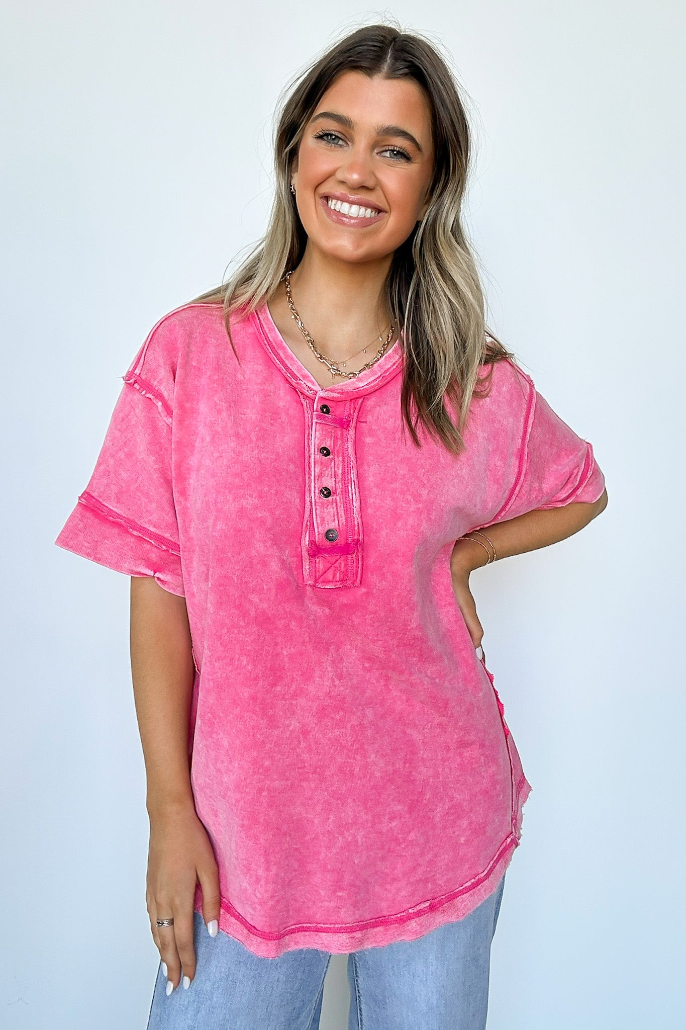 Fuchsia / S Verity Raw Edge Henley Button Top - BACK IN STOCK - Madison and Mallory