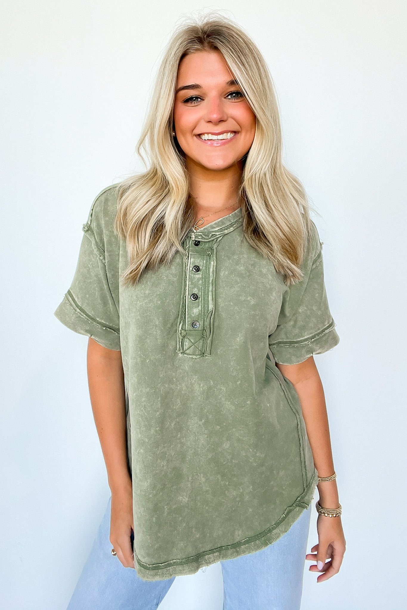 Light Olive / S Verity Raw Edge Henley Button Top - BACK IN STOCK - Madison and Mallory