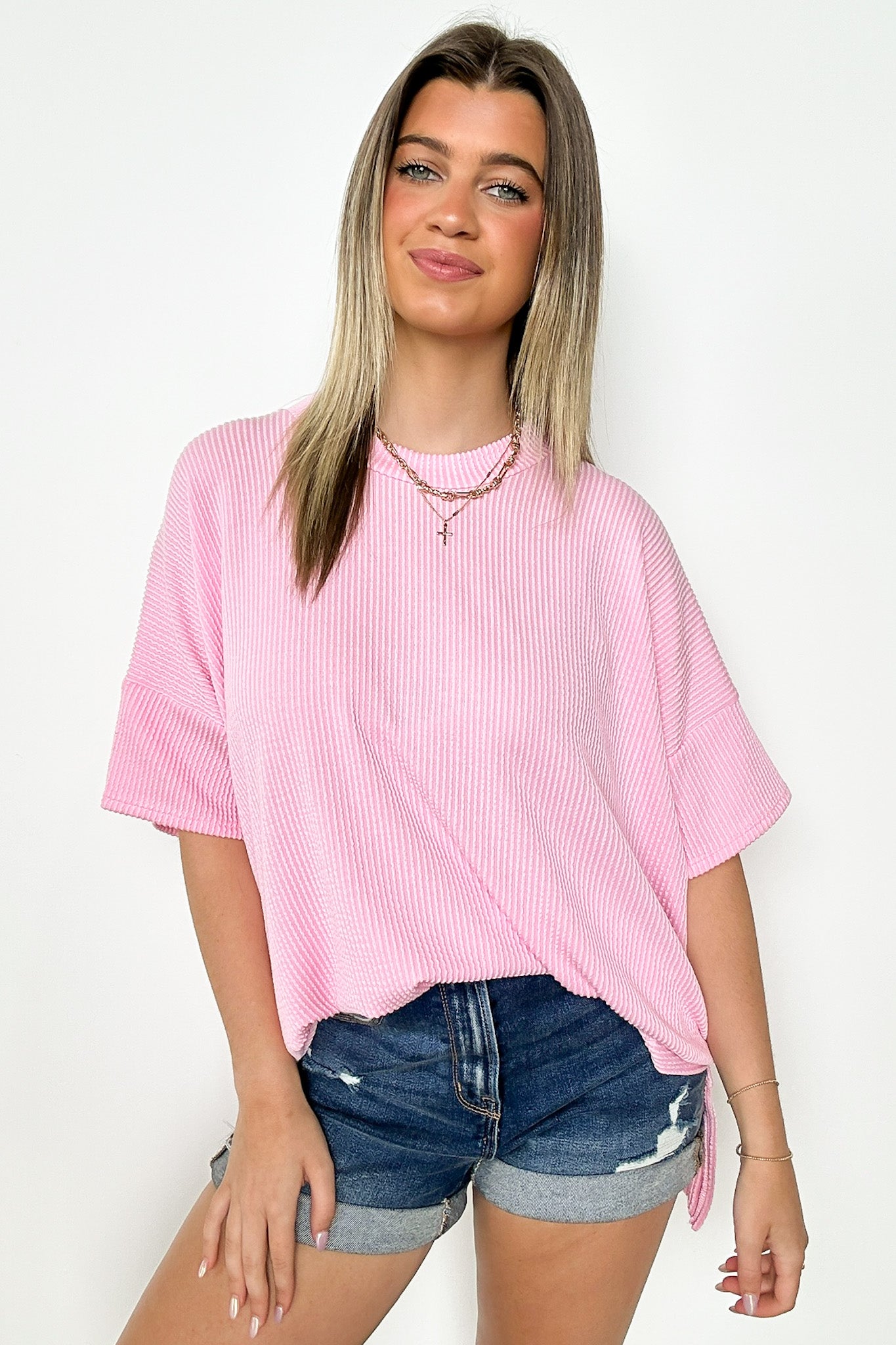 Light Pink / SM Weekend Wanderlust Rib Knit Side Slit Top - BACK IN STOCK - Madison and Mallory