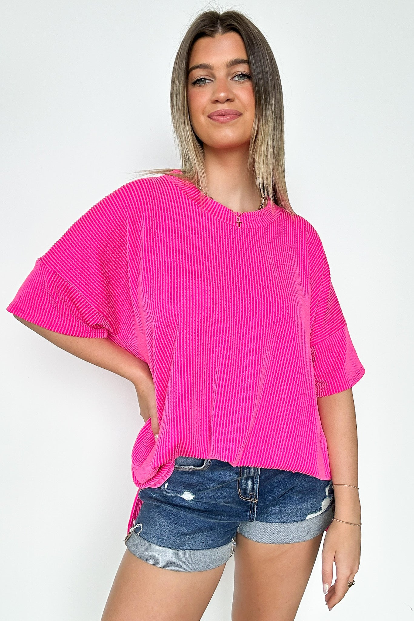 Fuchsia / SM Weekend Wanderlust Rib Knit Side Slit Top - BACK IN STOCK - Madison and Mallory
