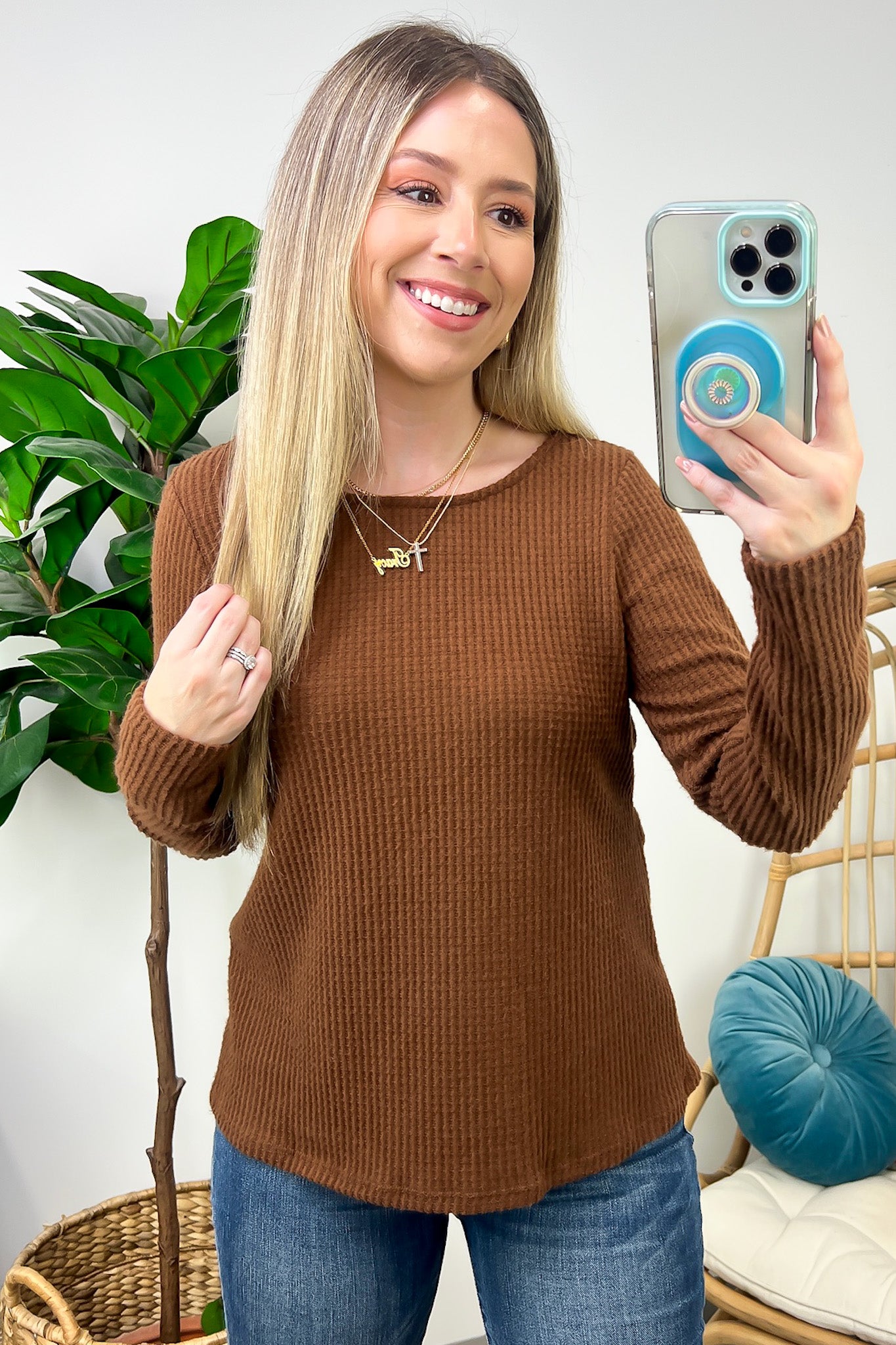 Brown / S Wonderful Comfort Waffle Knit Tie Back Top - FINAL SALE - Madison and Mallory
