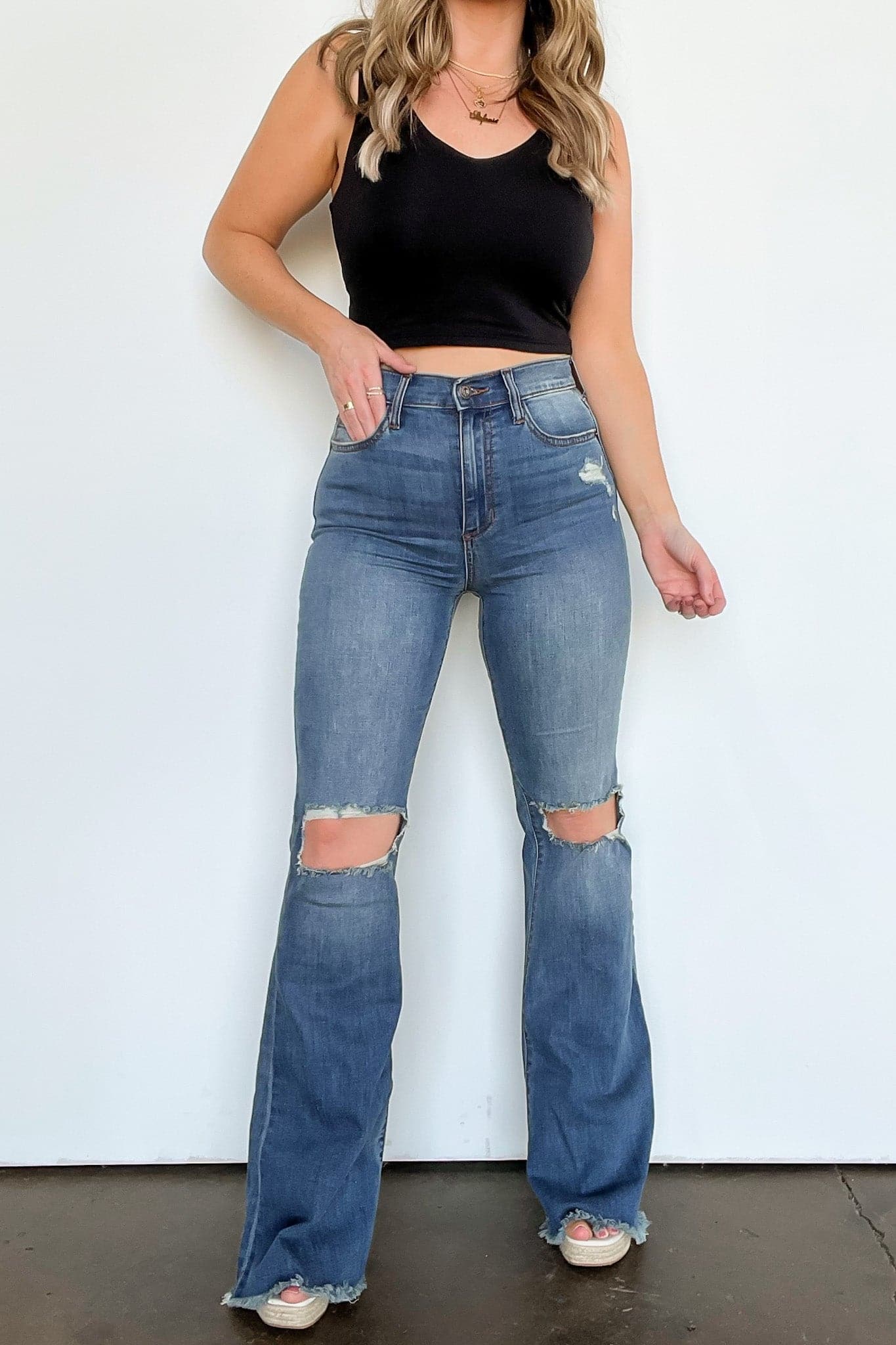 Dark Blue Low Rise Distressed Flared Jeans