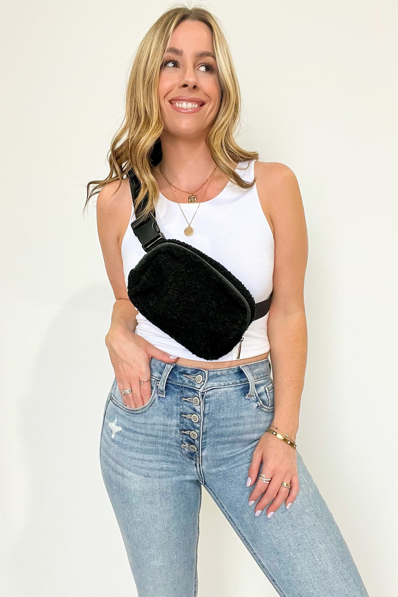 Black Anywhere Fleece Belt Bag - BACK with GOLD HARDWARE! - Madison and Mallory