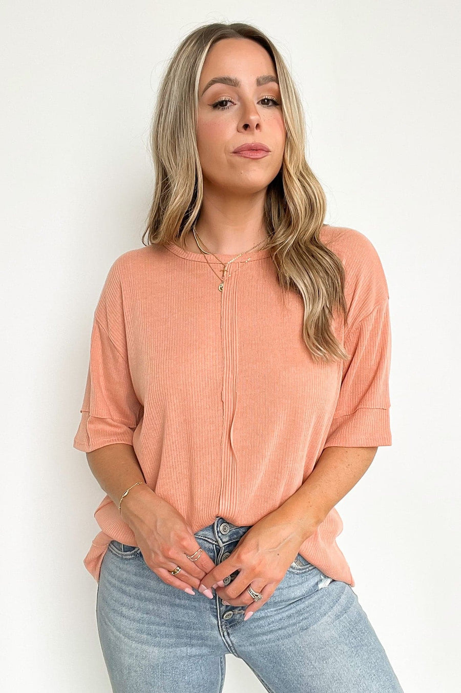 S / Salmon Big Time Crush Thermal Knit Short Sleeve Top | CURVE - FINAL SALE - Madison and Mallory