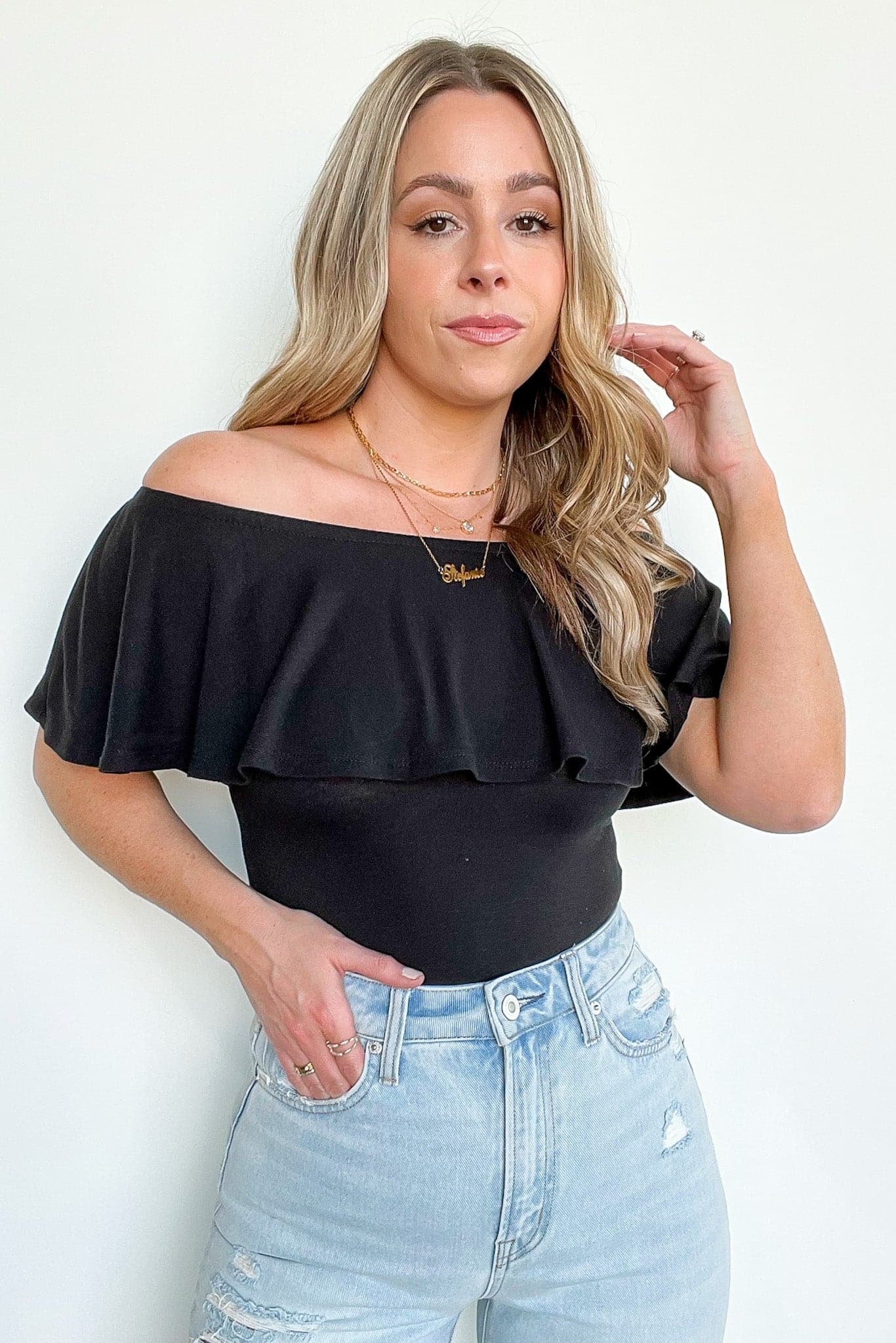 Black / S Charmed Away Ruffle Flounce Off Shoulder Bodysuit - FINAL SALE - Madison and Mallory