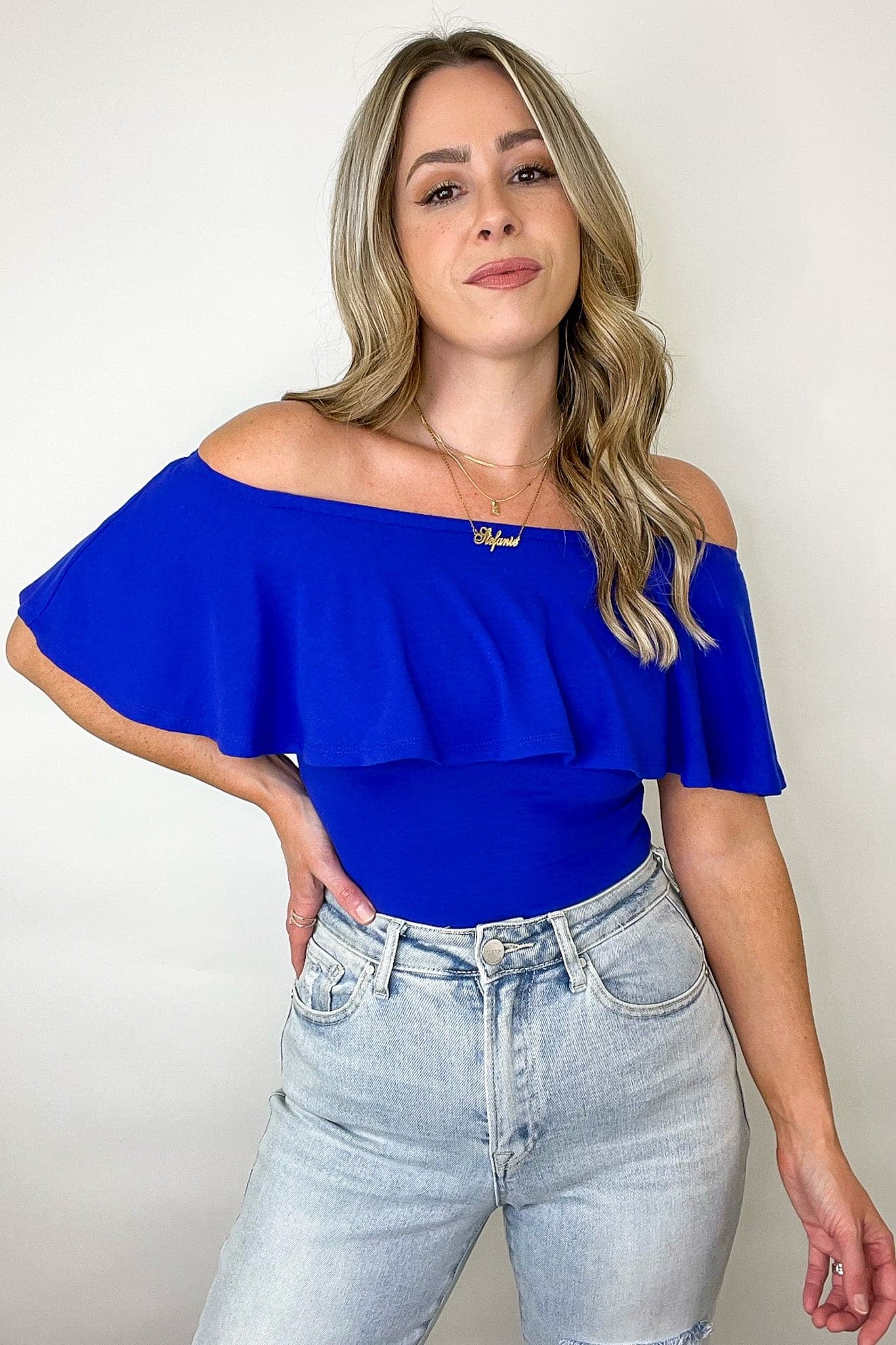 Bright Blue / S Charmed Away Ruffle Flounce Off Shoulder Bodysuit - FINAL SALE - Madison and Mallory